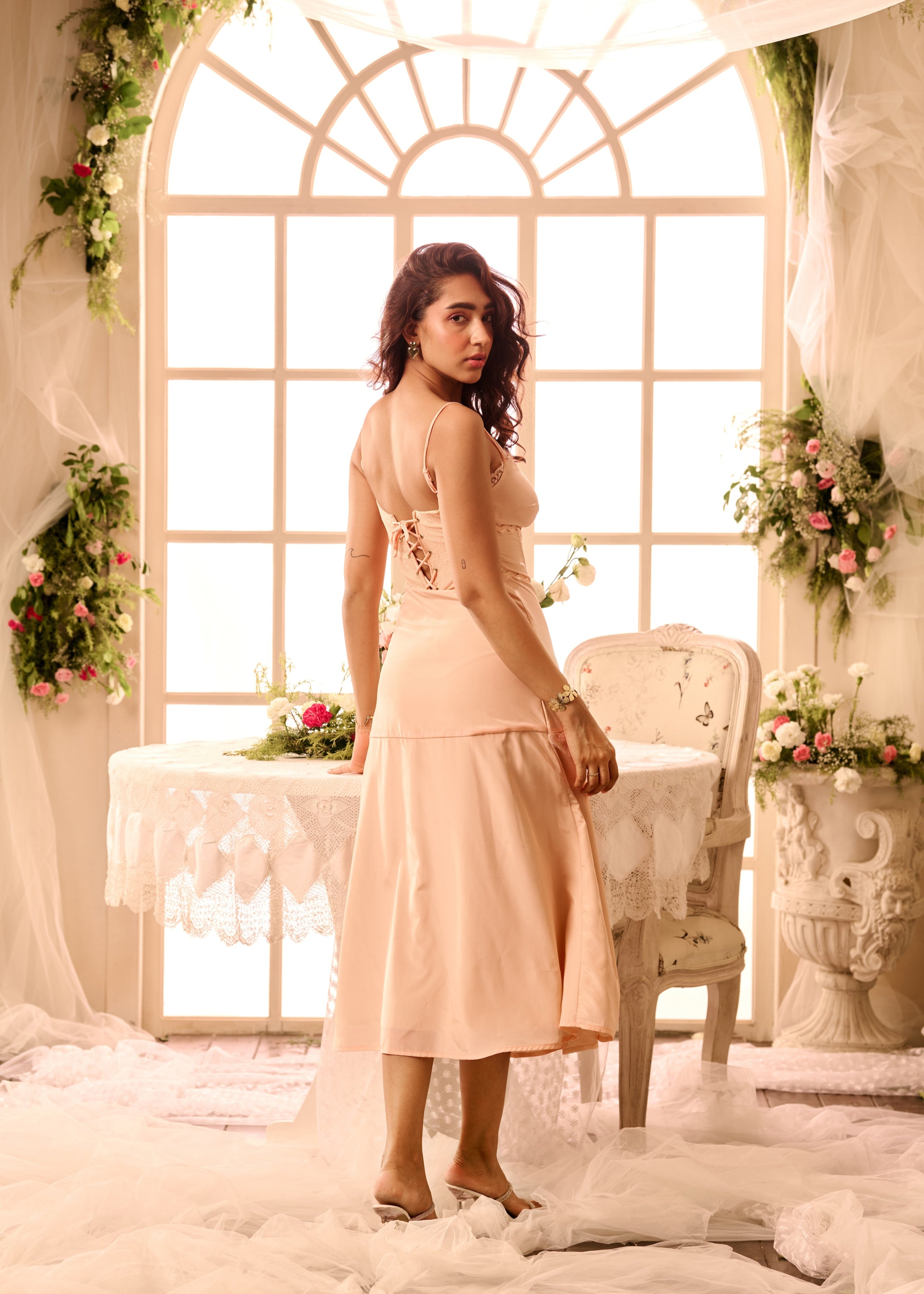 Kyrie Peach Satin Godet Corset Dress