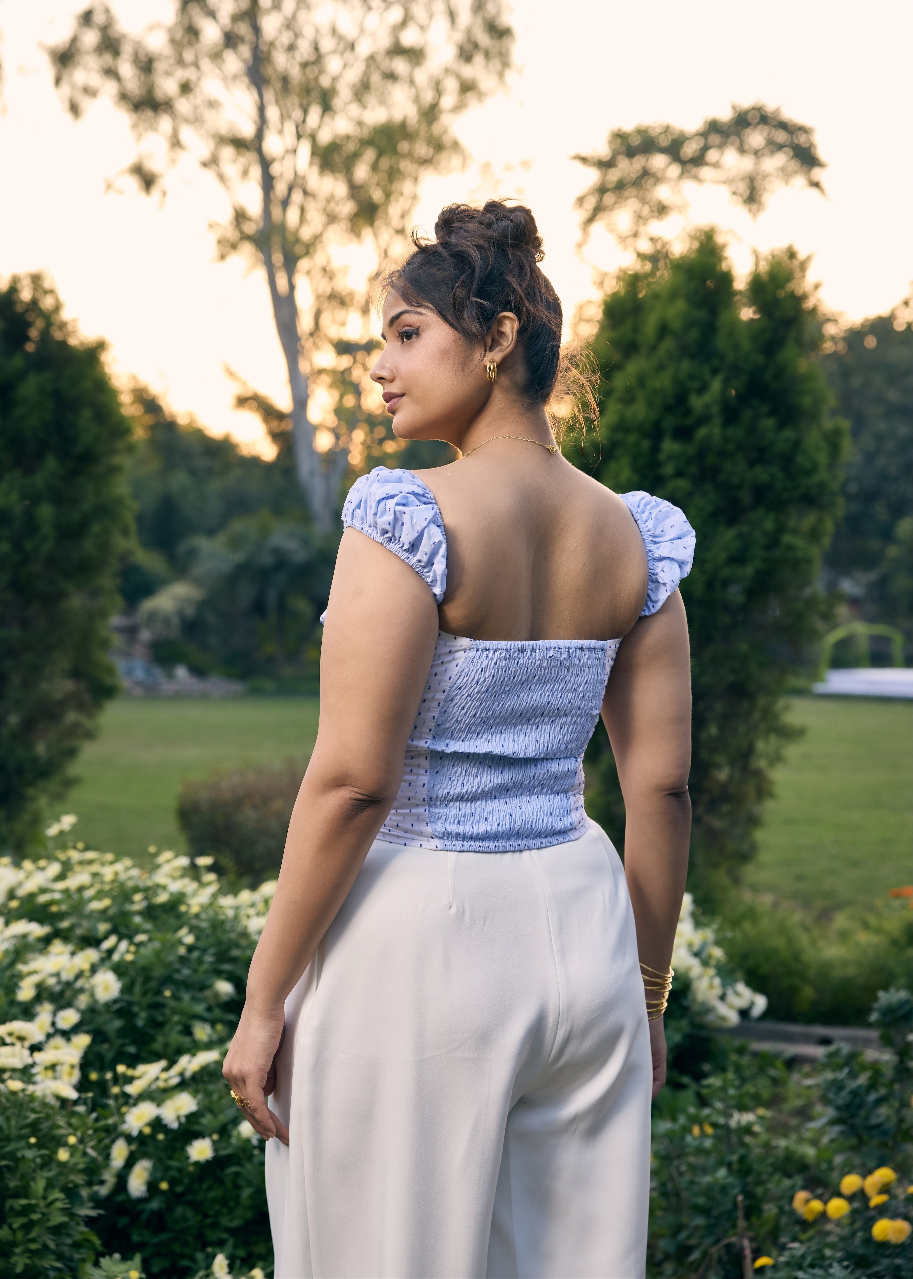Sherry Blue and White Colorblock Crop Top