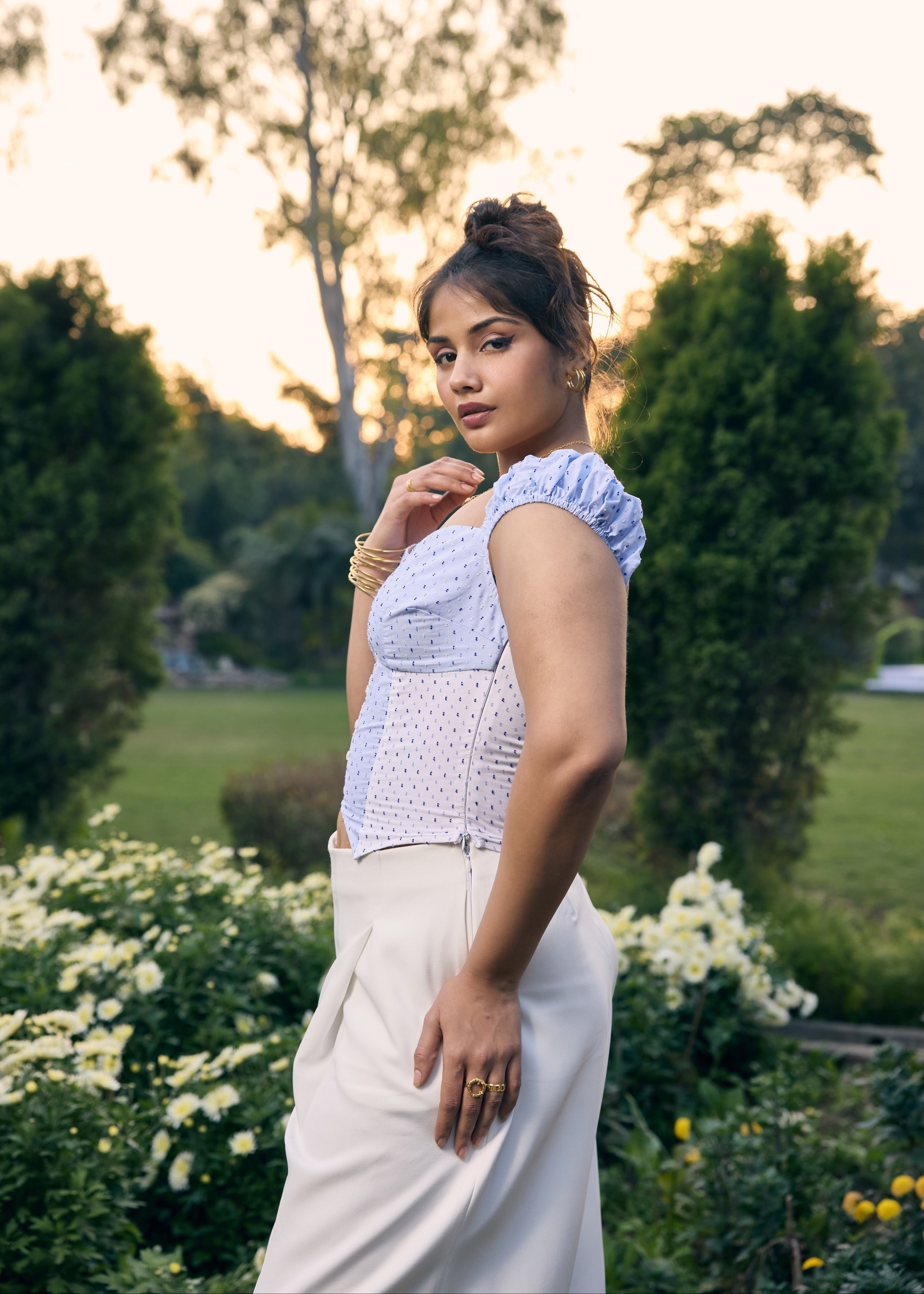 Sherry Blue and White Colorblock Crop Top