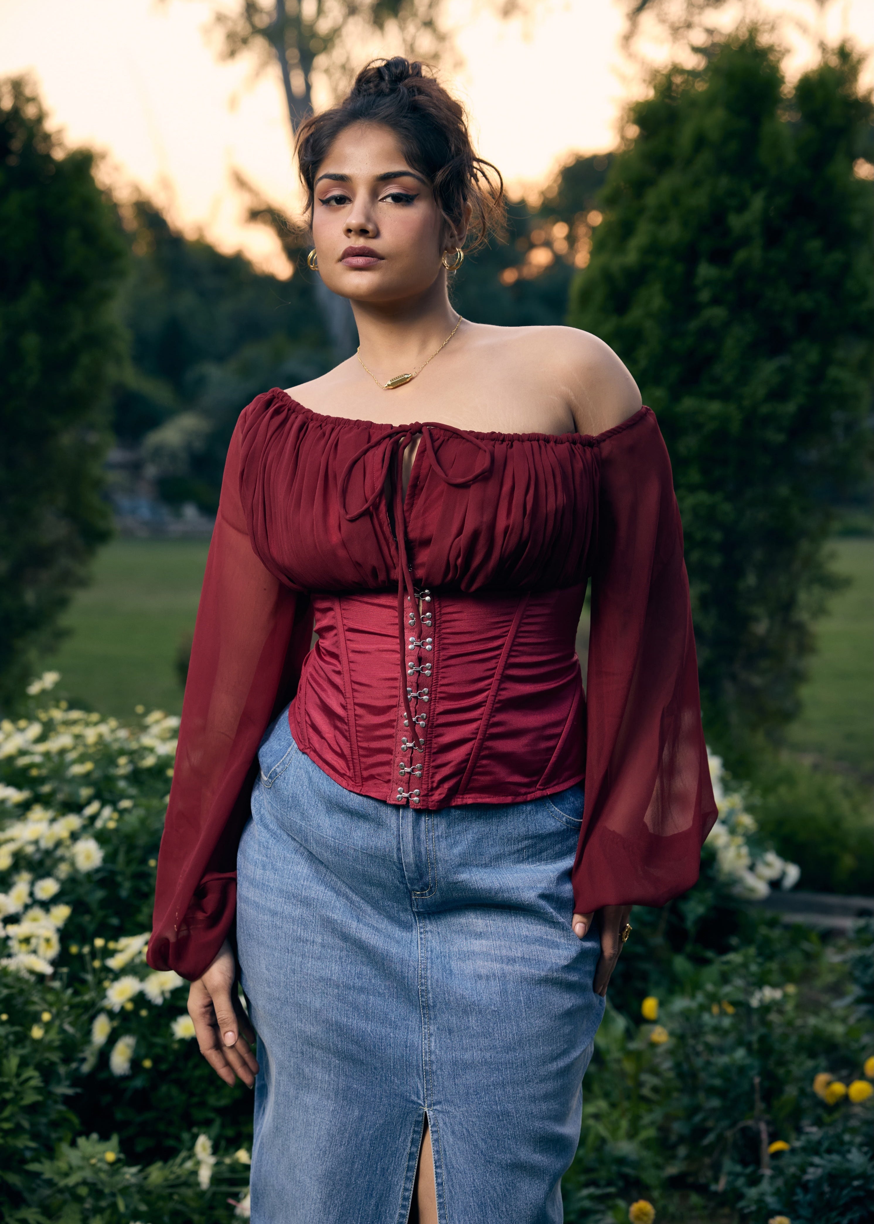 Tara Red Drop Shoulder Corset Top