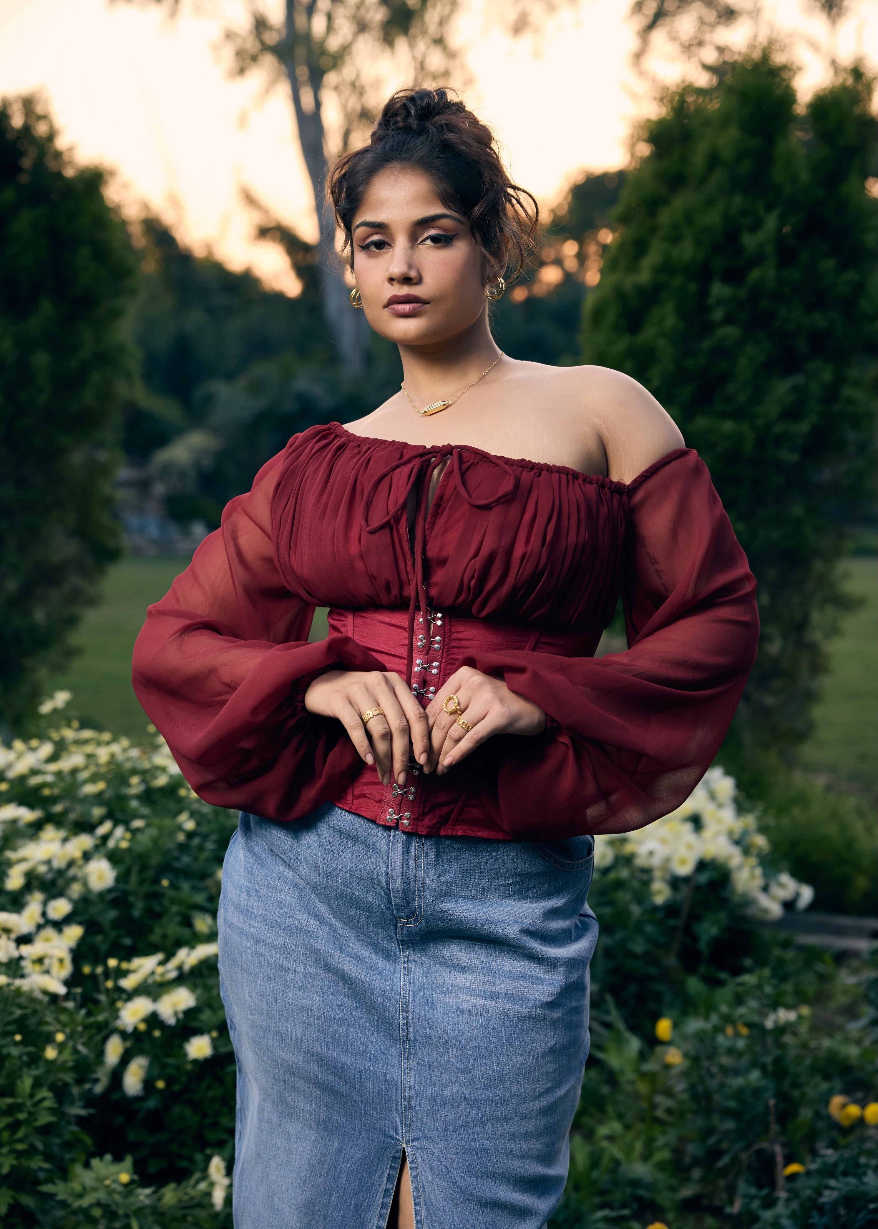 Tara Red Drop Shoulder Corset Top