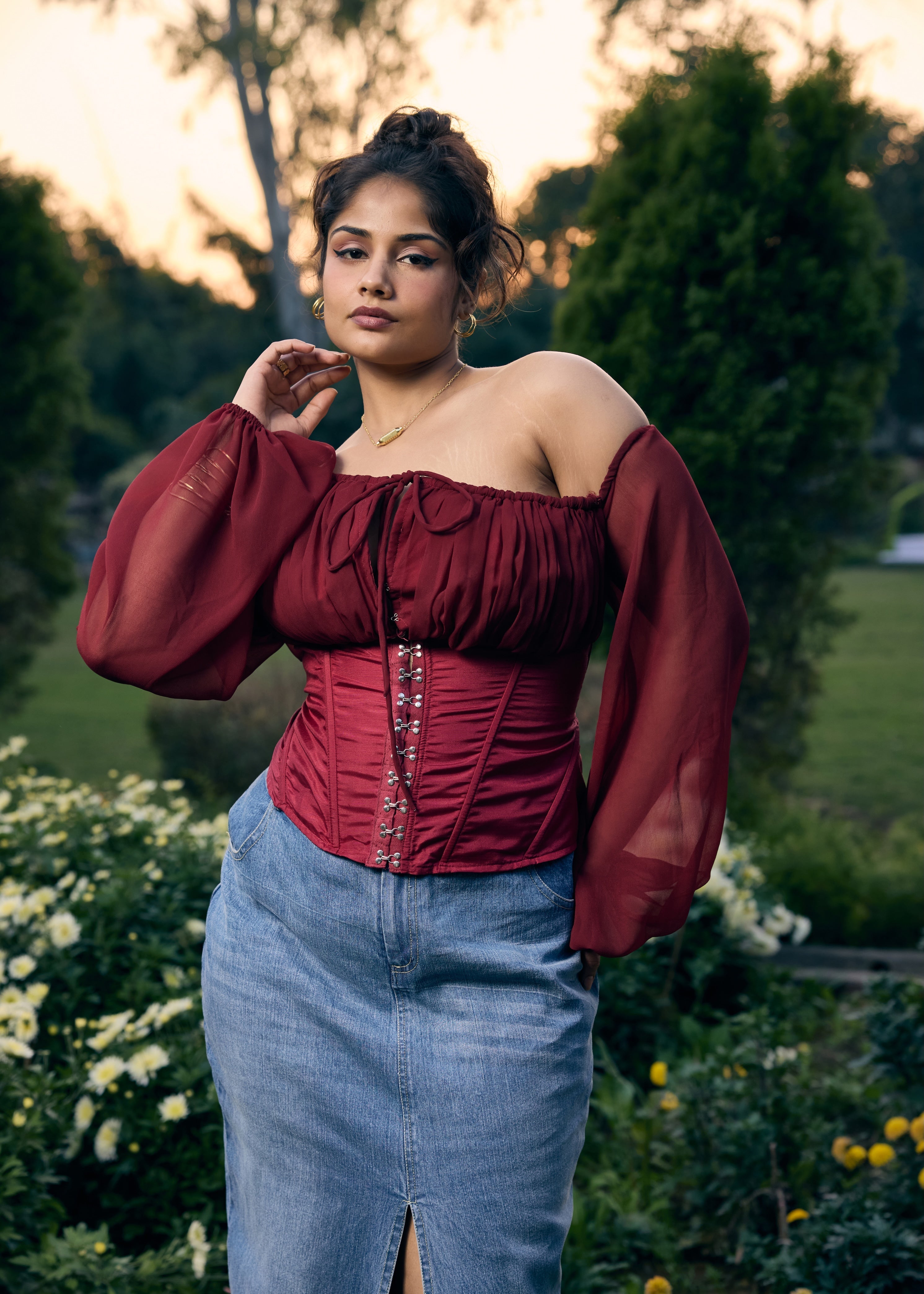 Tara Red Drop Shoulder Corset Top