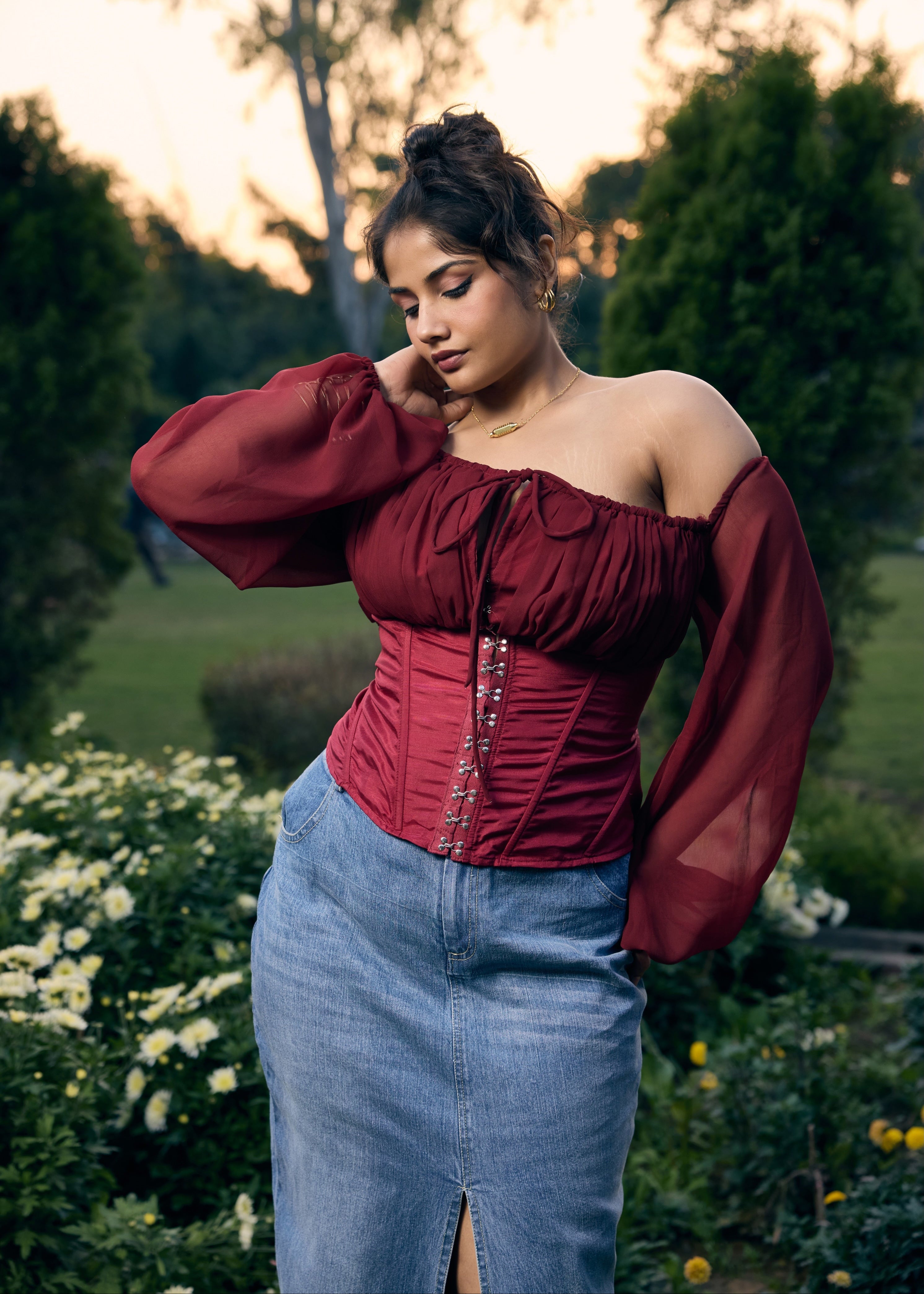 Tara Red Drop Shoulder Corset Top