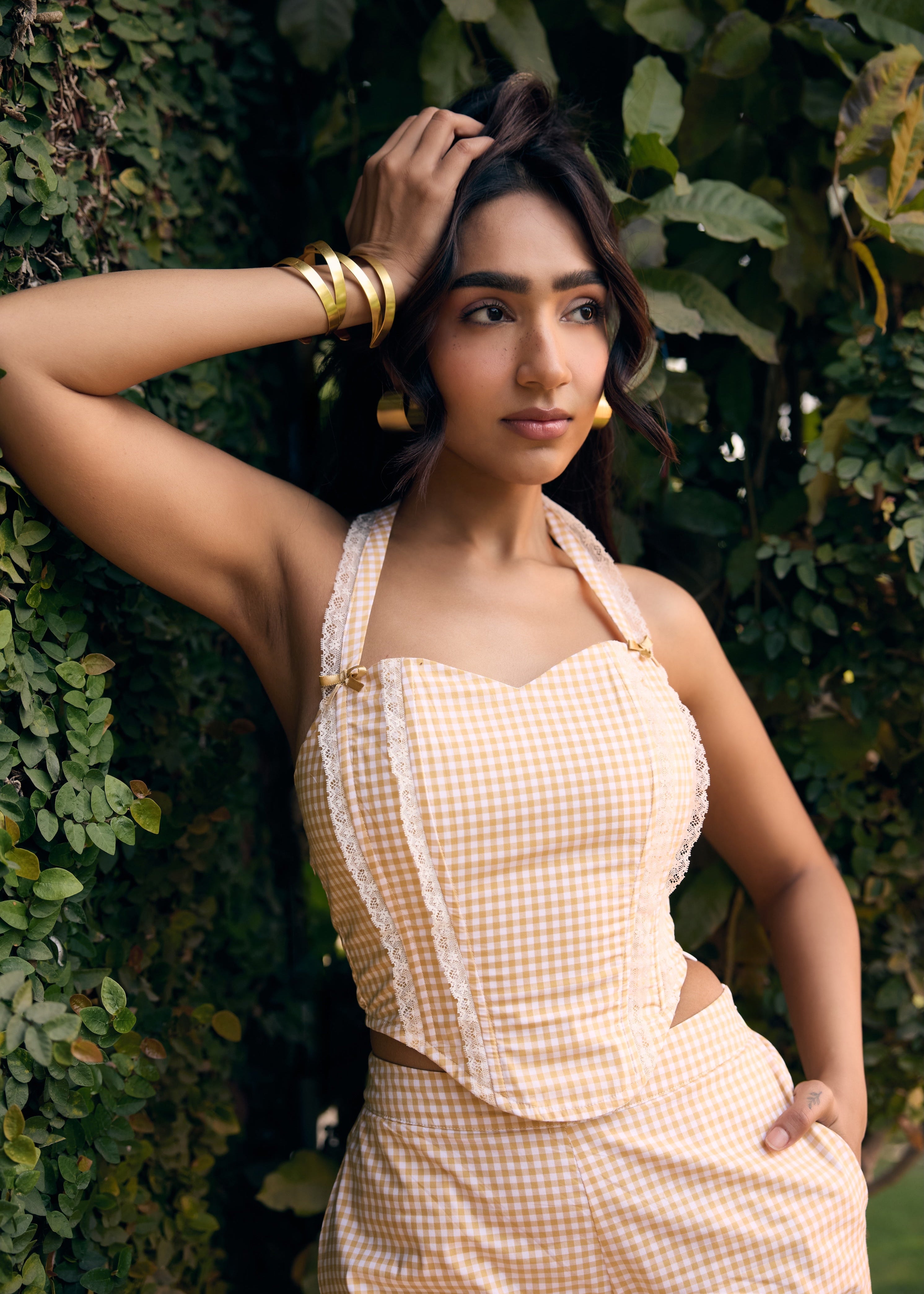 Odette Yellow Gingham and Lace Corset Top