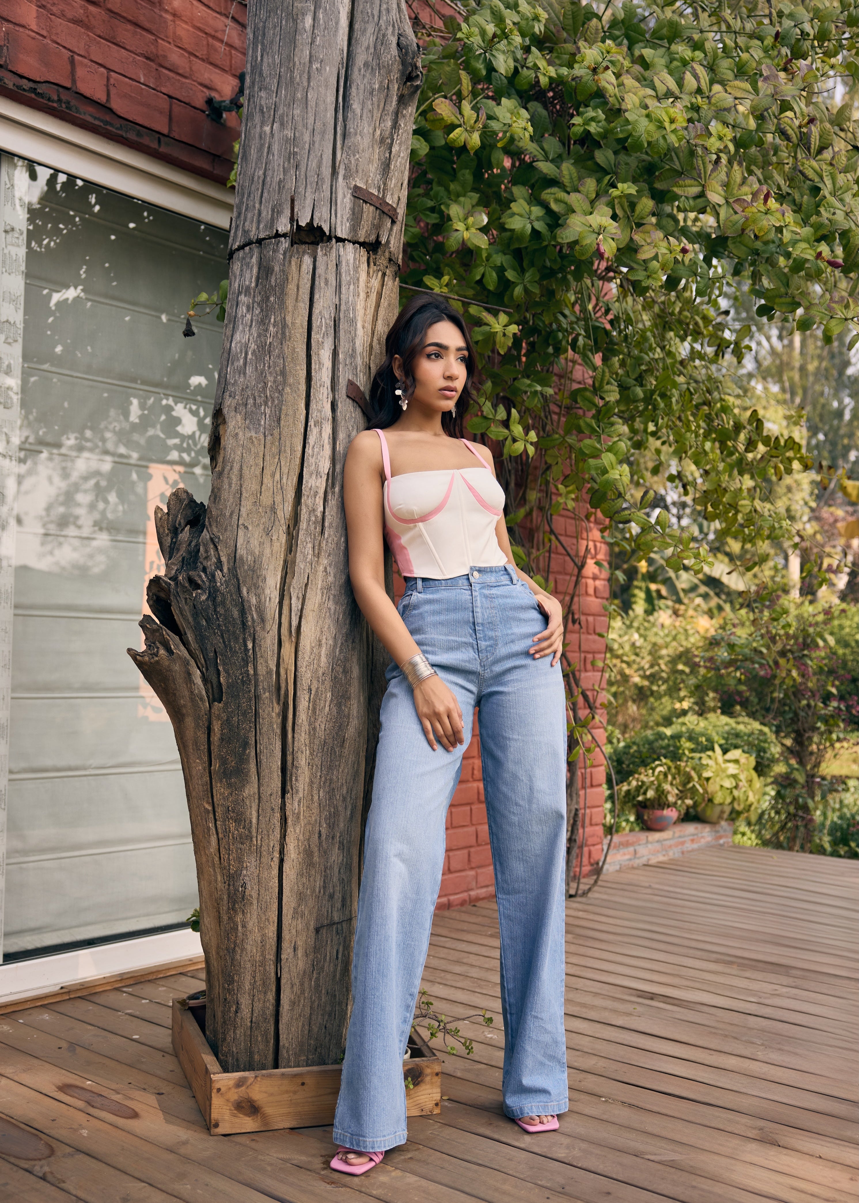 Rebecca White and Pink Colorblock Corset Top