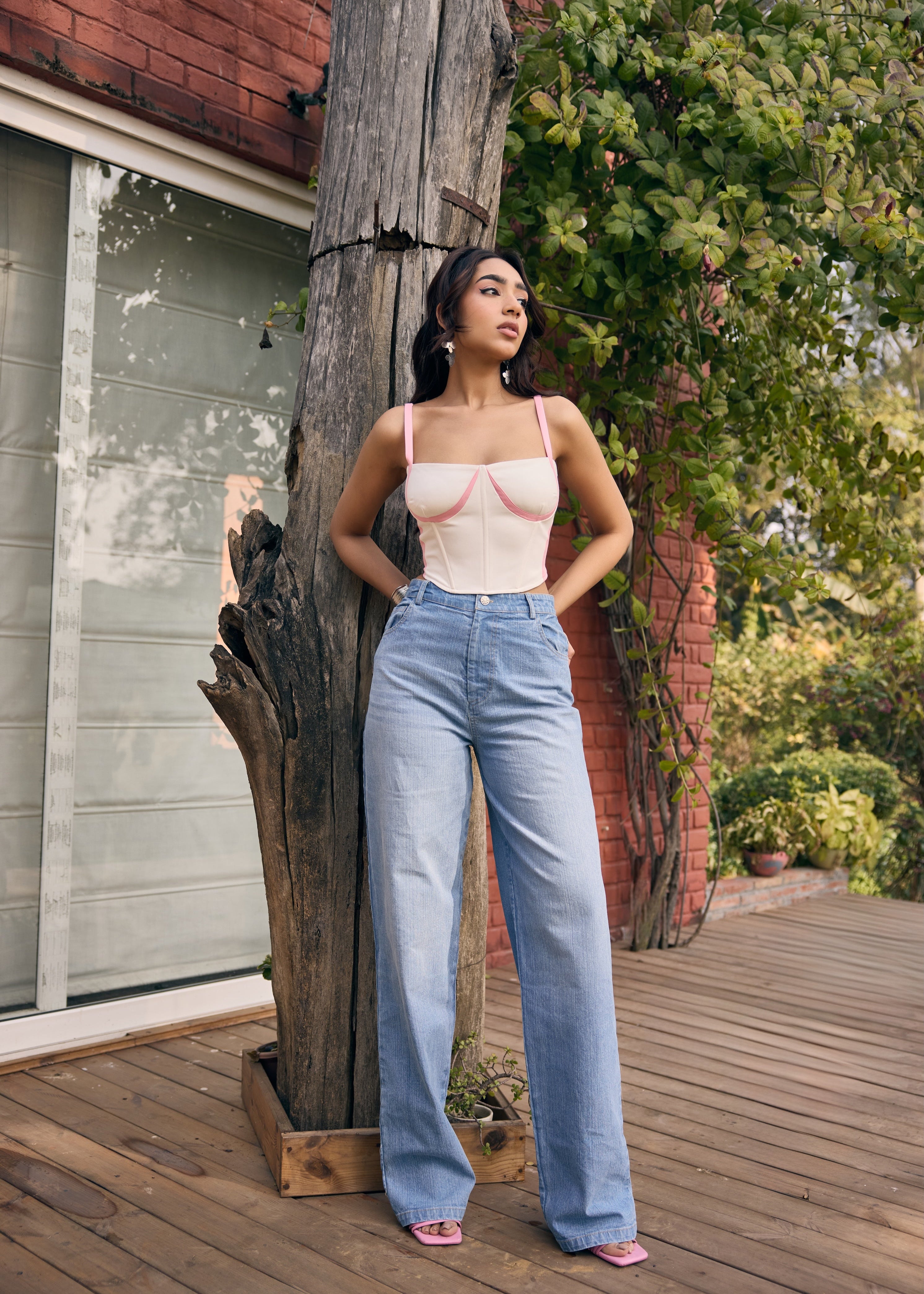 Rebecca White and Pink Colorblock Corset Top