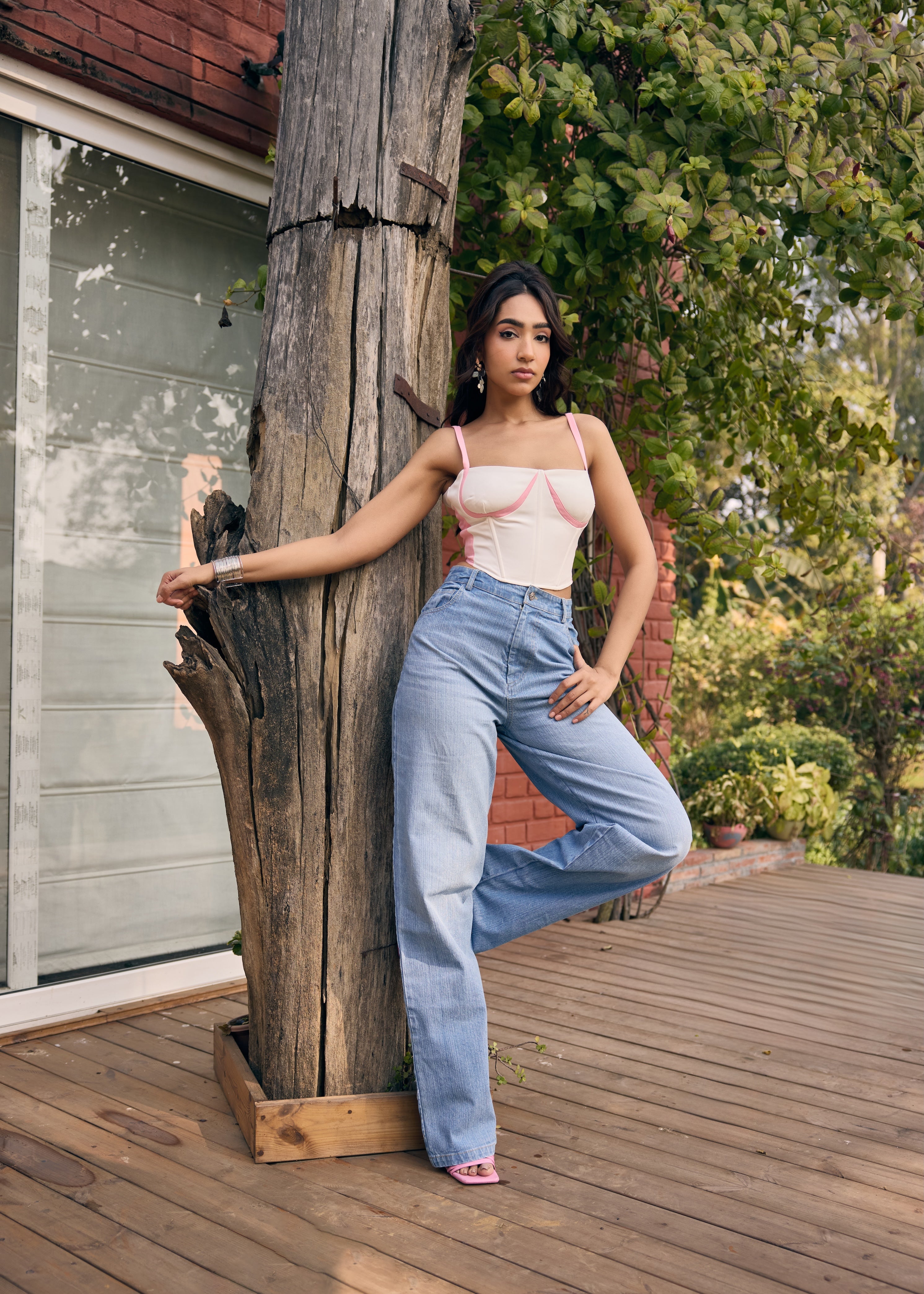 Rebecca White and Pink Colorblock Corset Top