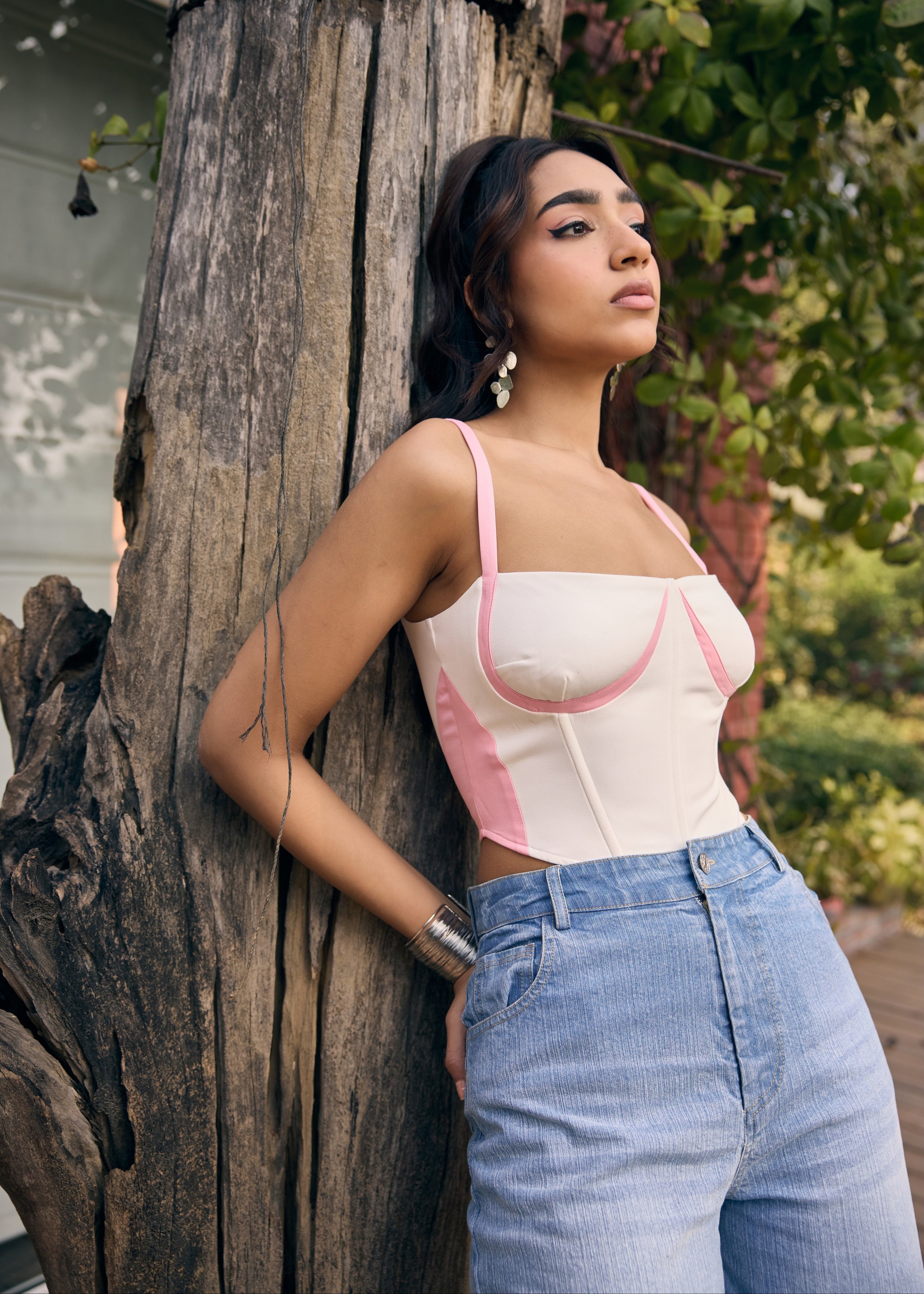 Rebecca White and Pink Colorblock Corset Top