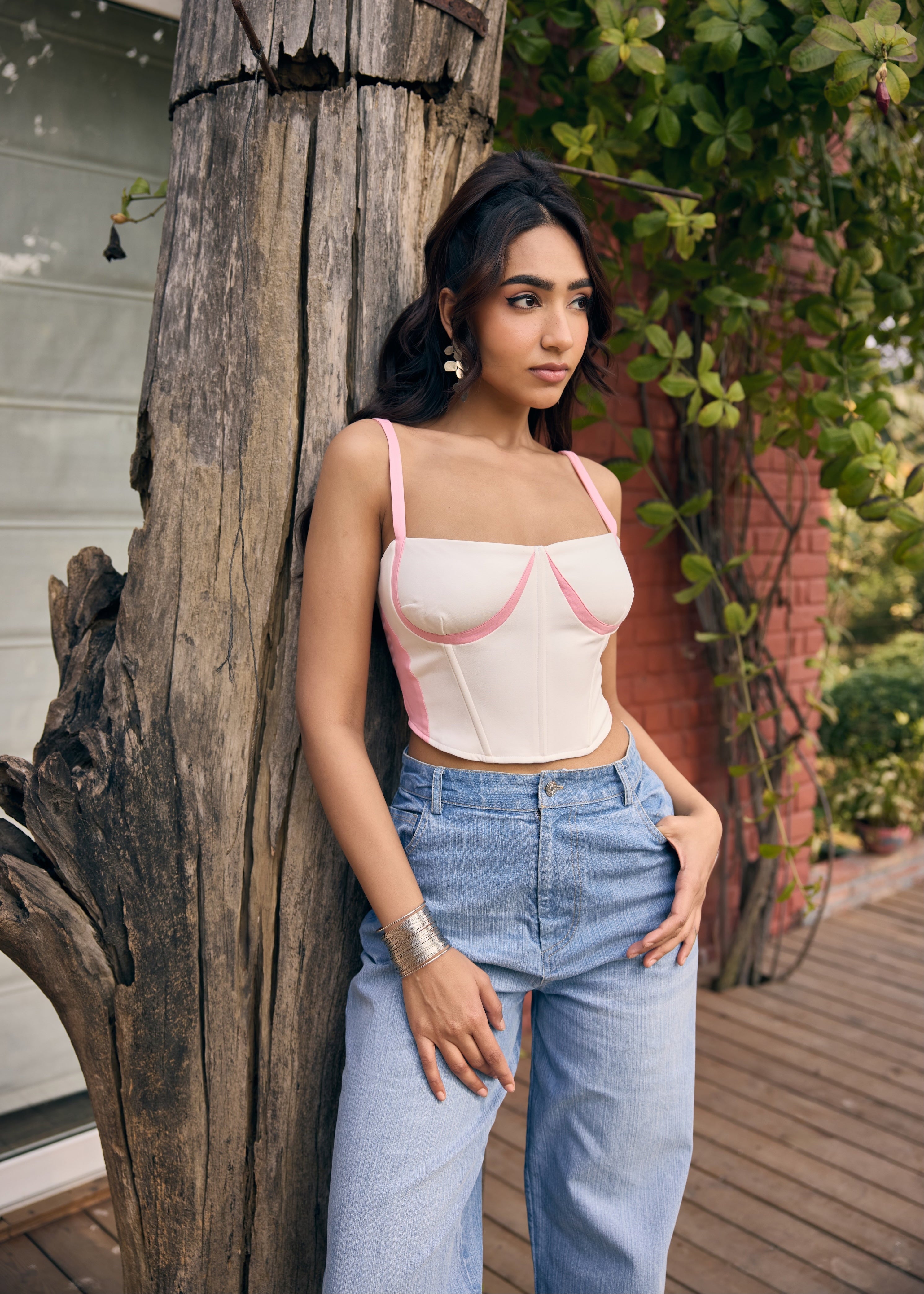 Rebecca White and Pink Colorblock Corset Top