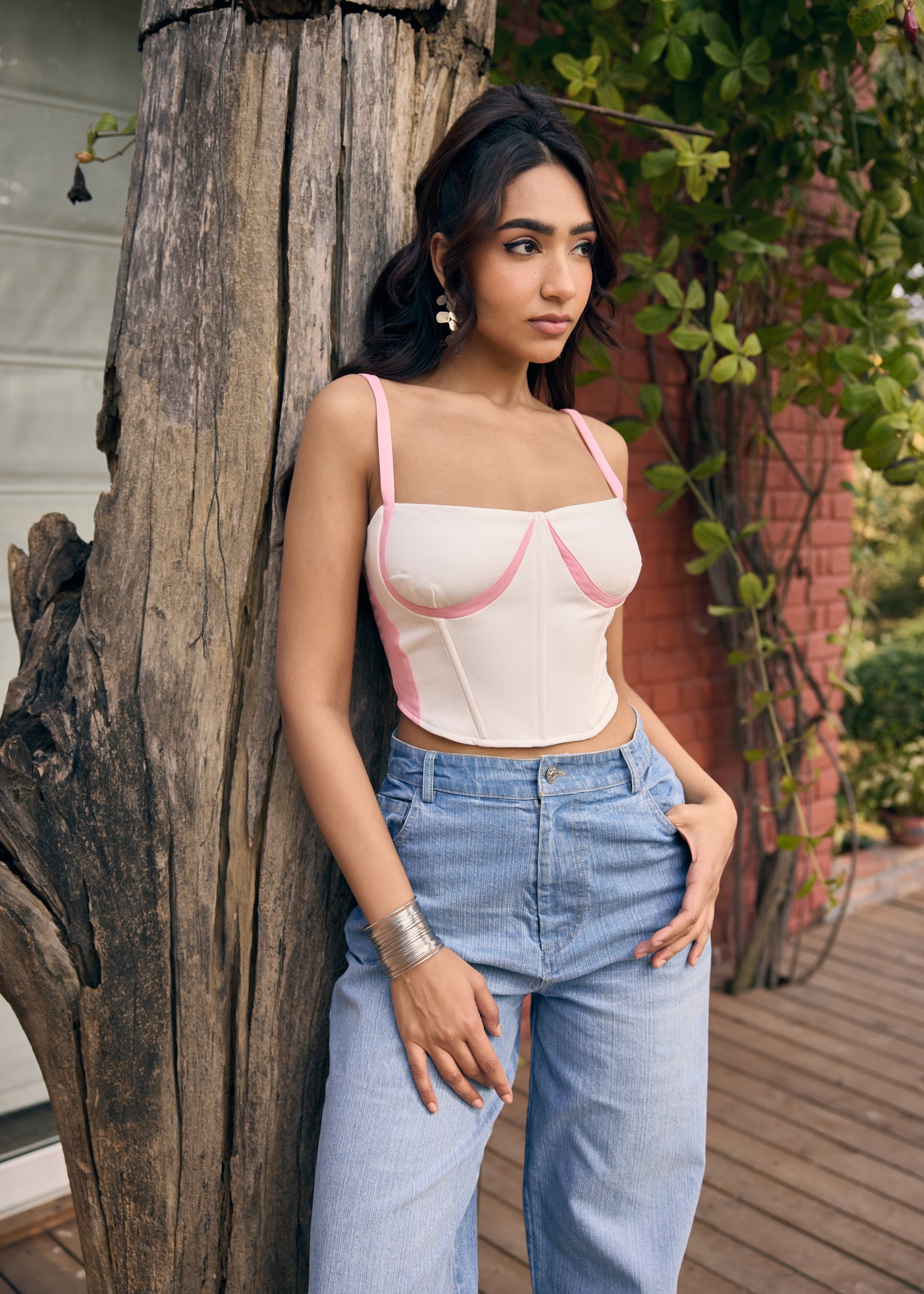 Rebecca White and Pink Colorblock Corset Top