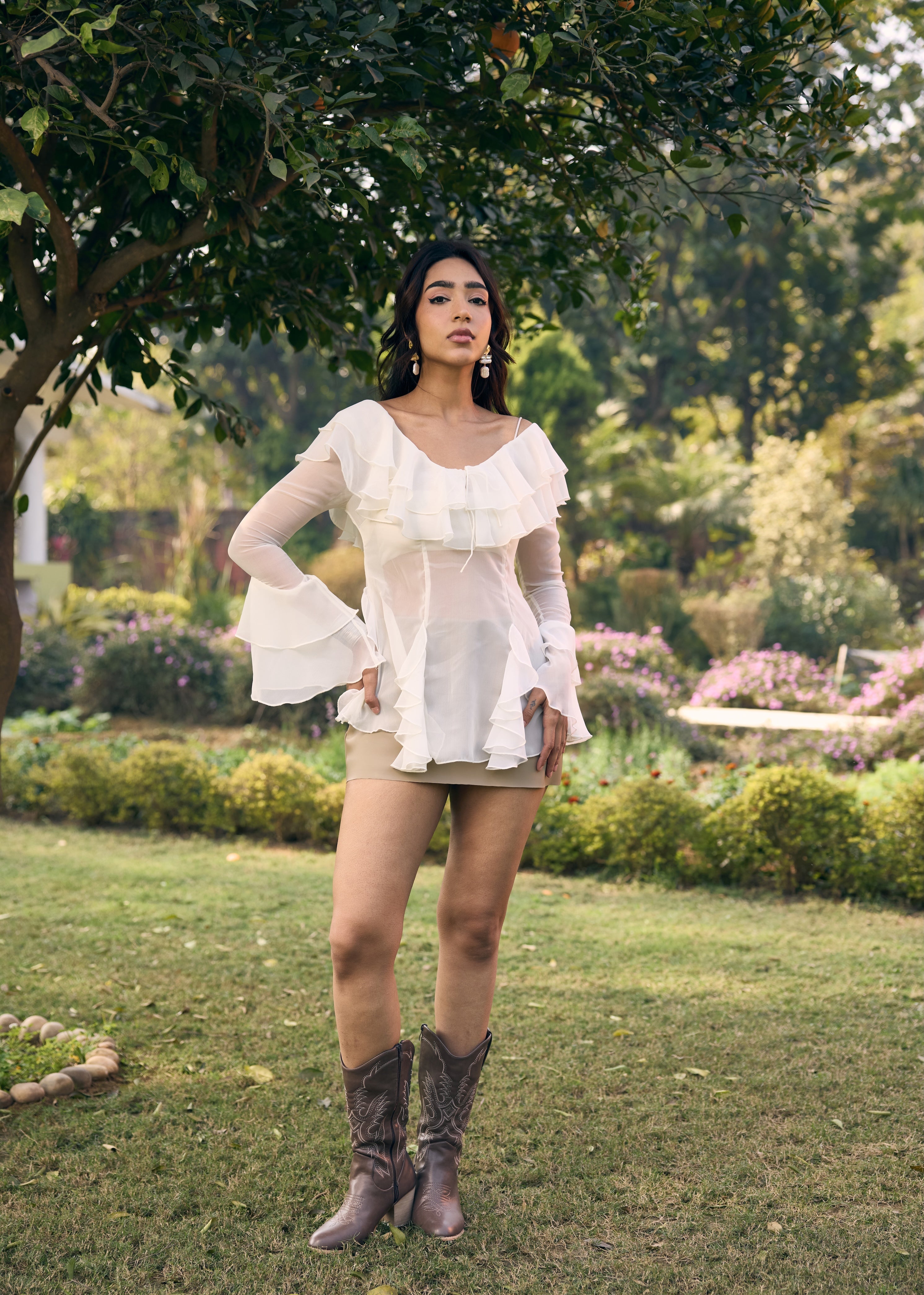 Vilma White Georgette Ruffled Boho Blouse