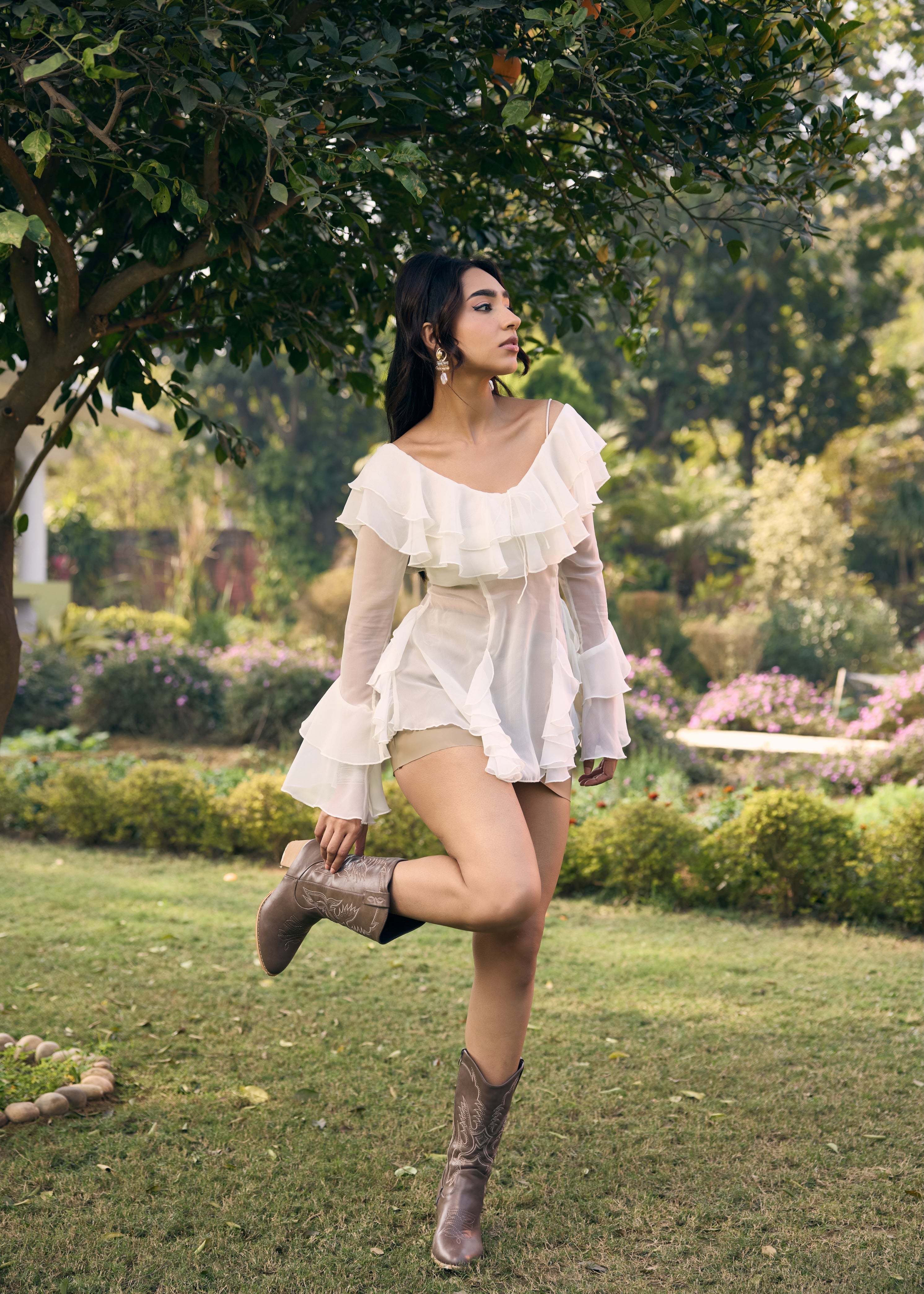 Vilma White Georgette Ruffled Boho Blouse