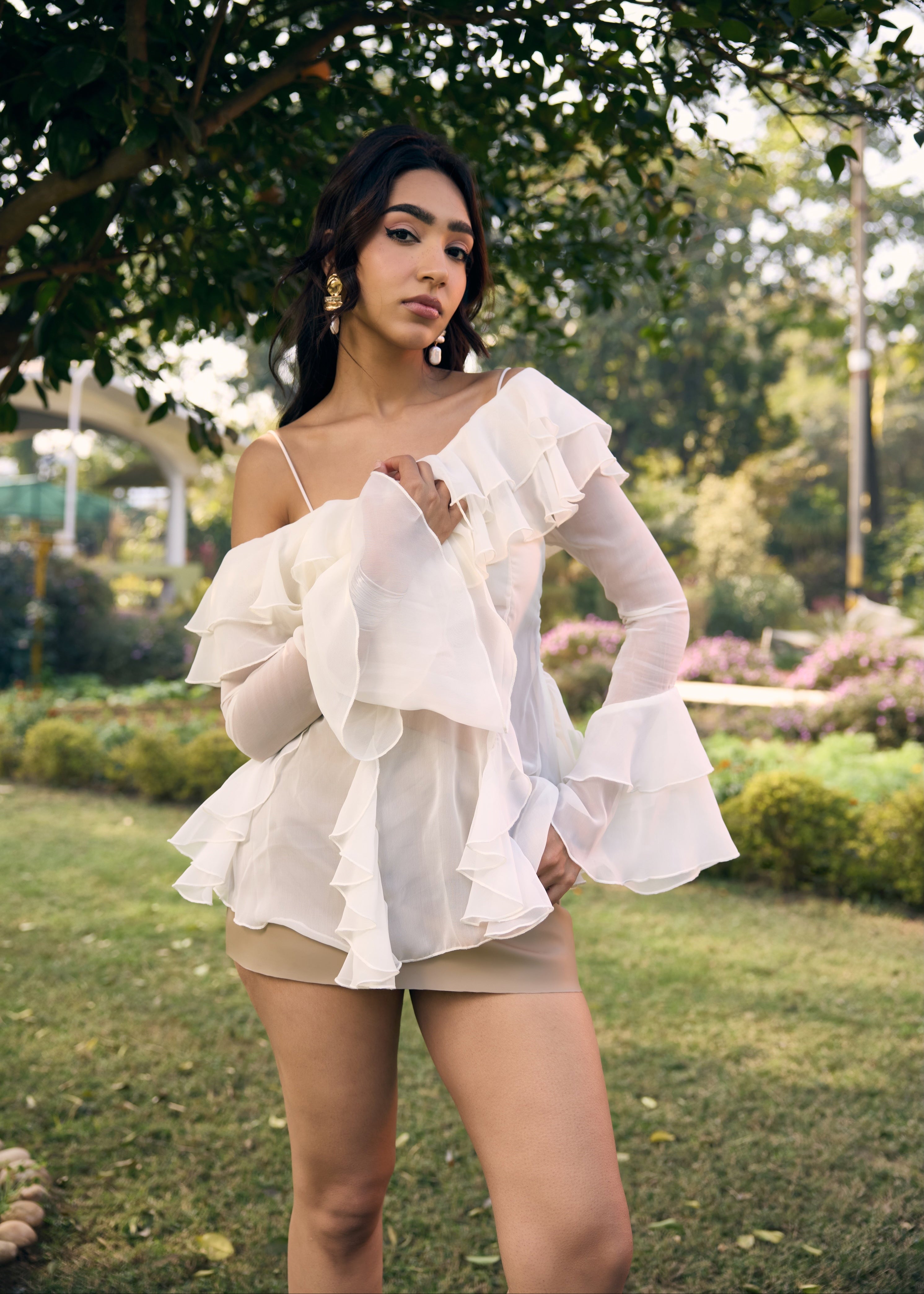 Vilma White Georgette Ruffled Boho Blouse