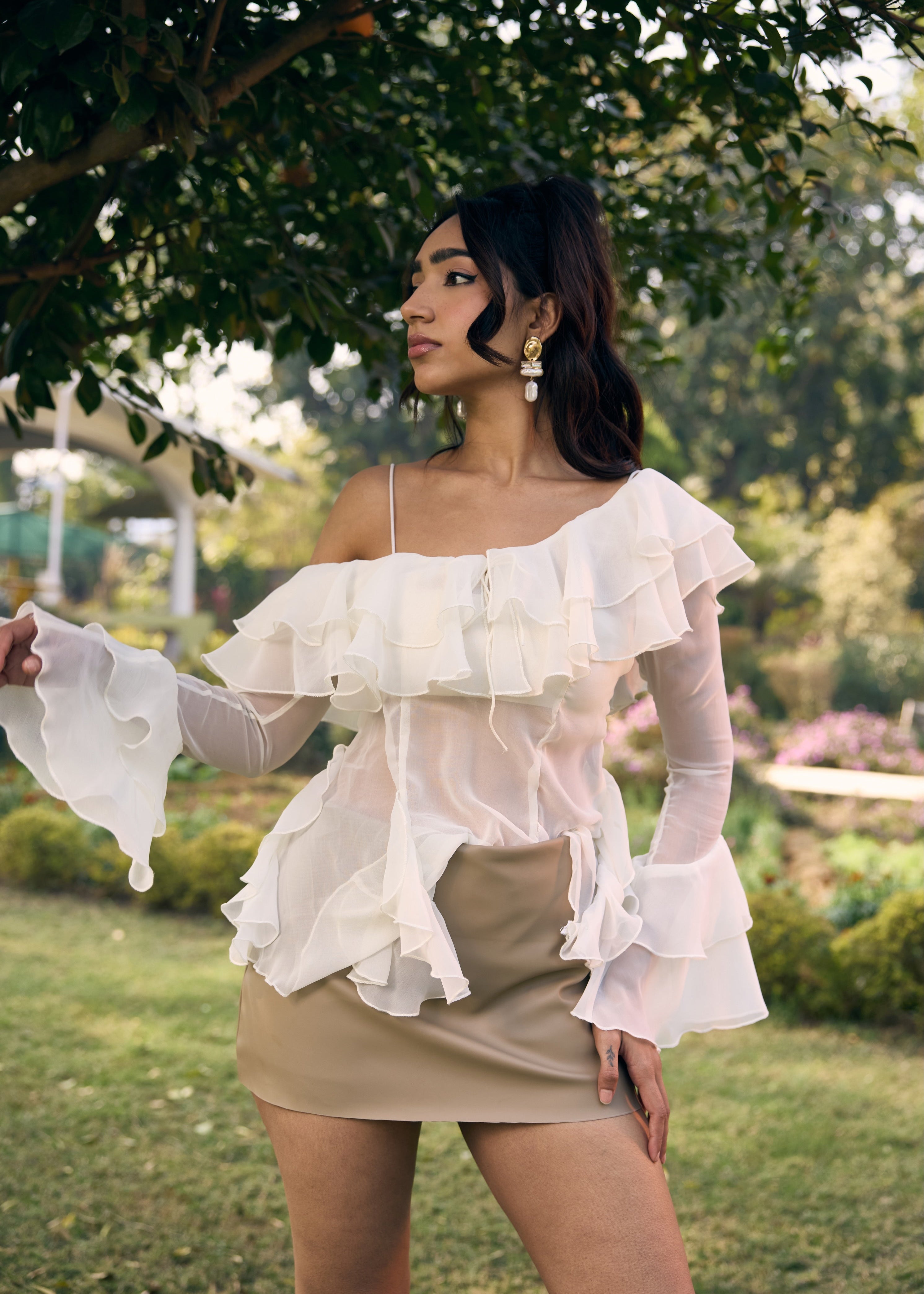 Vilma White Georgette Ruffled Boho Blouse