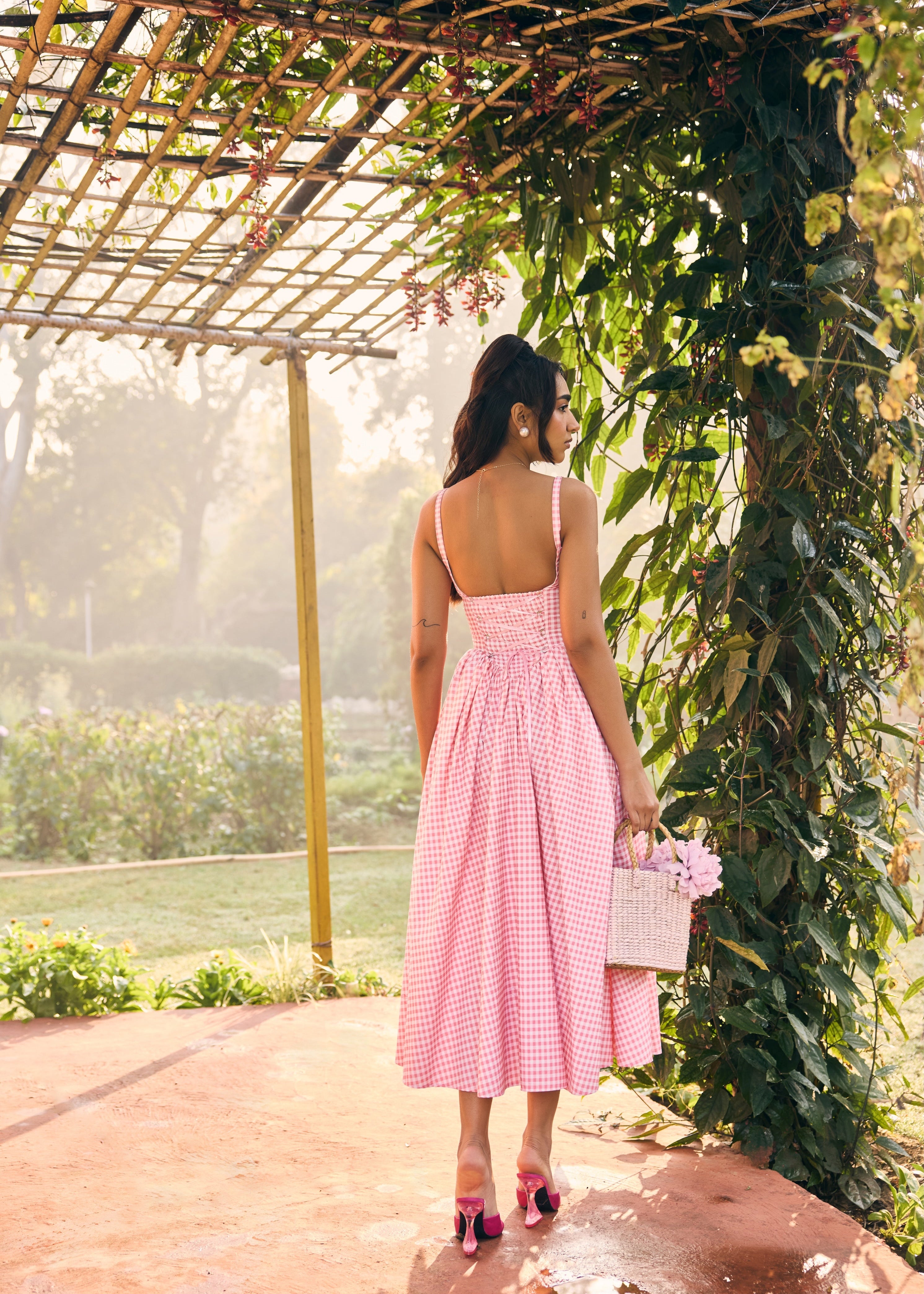 Alaya Pink and White Midi Corset Dress