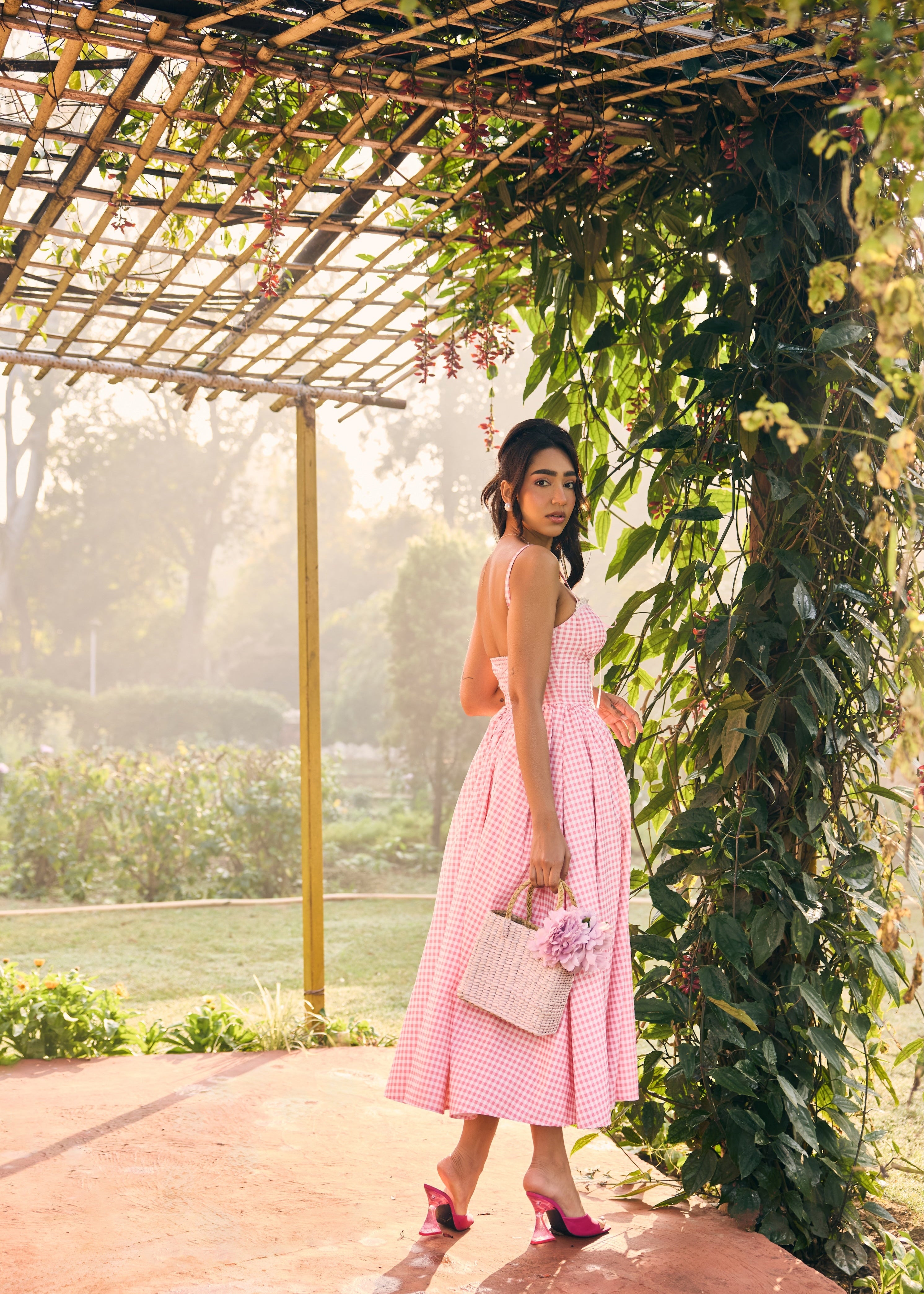 Alaya Pink and White Midi Corset Dress