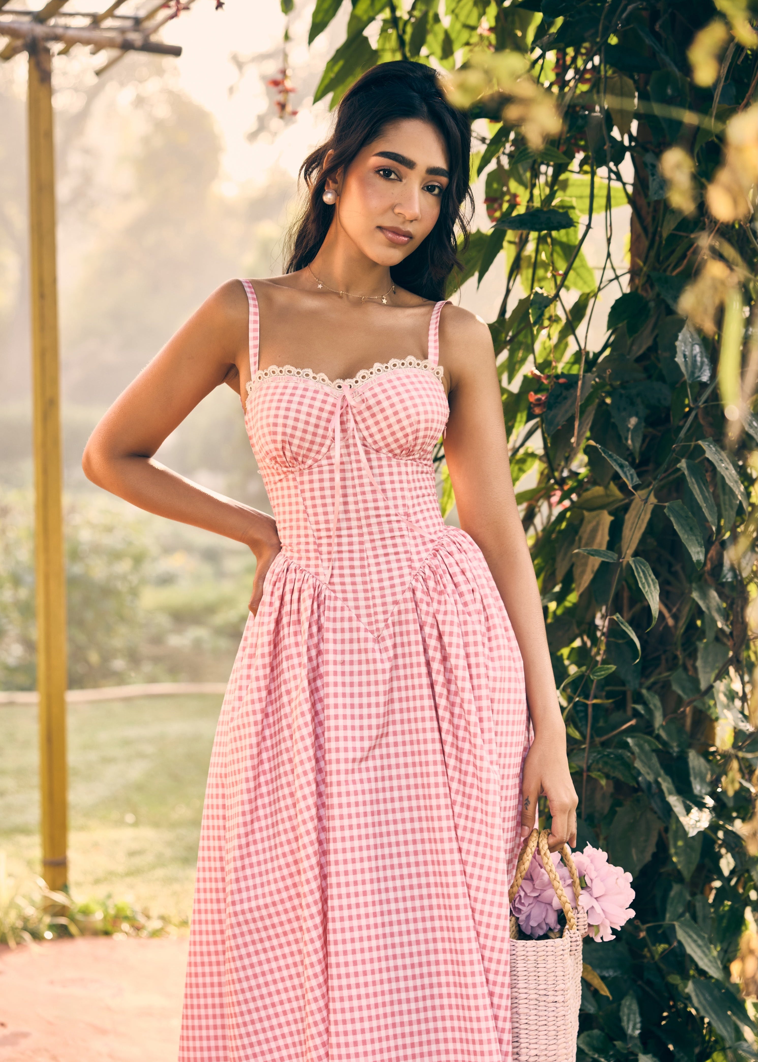 Alaya Pink and White Midi Corset Dress