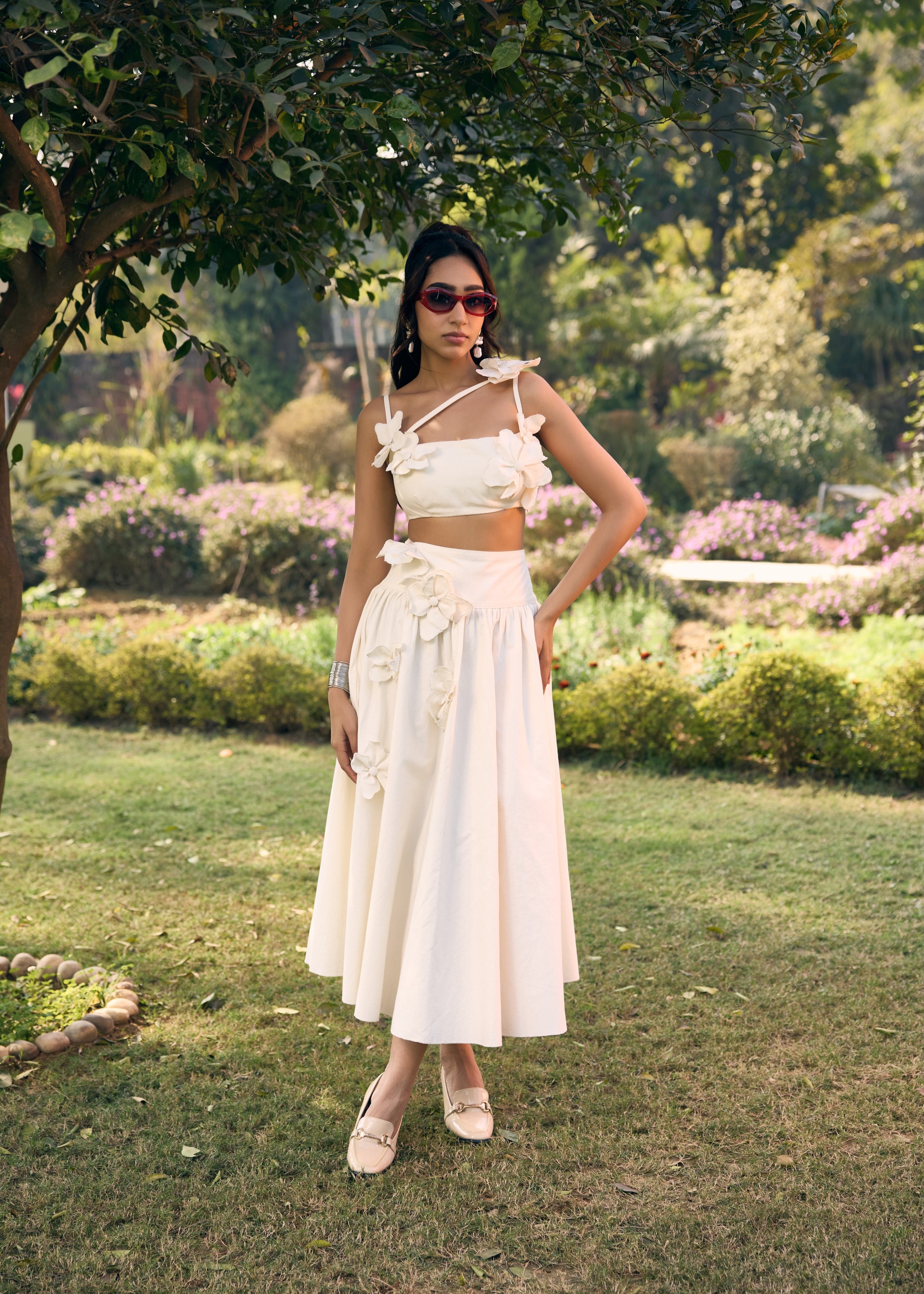 Sharla White 3D Flowers Crop Top