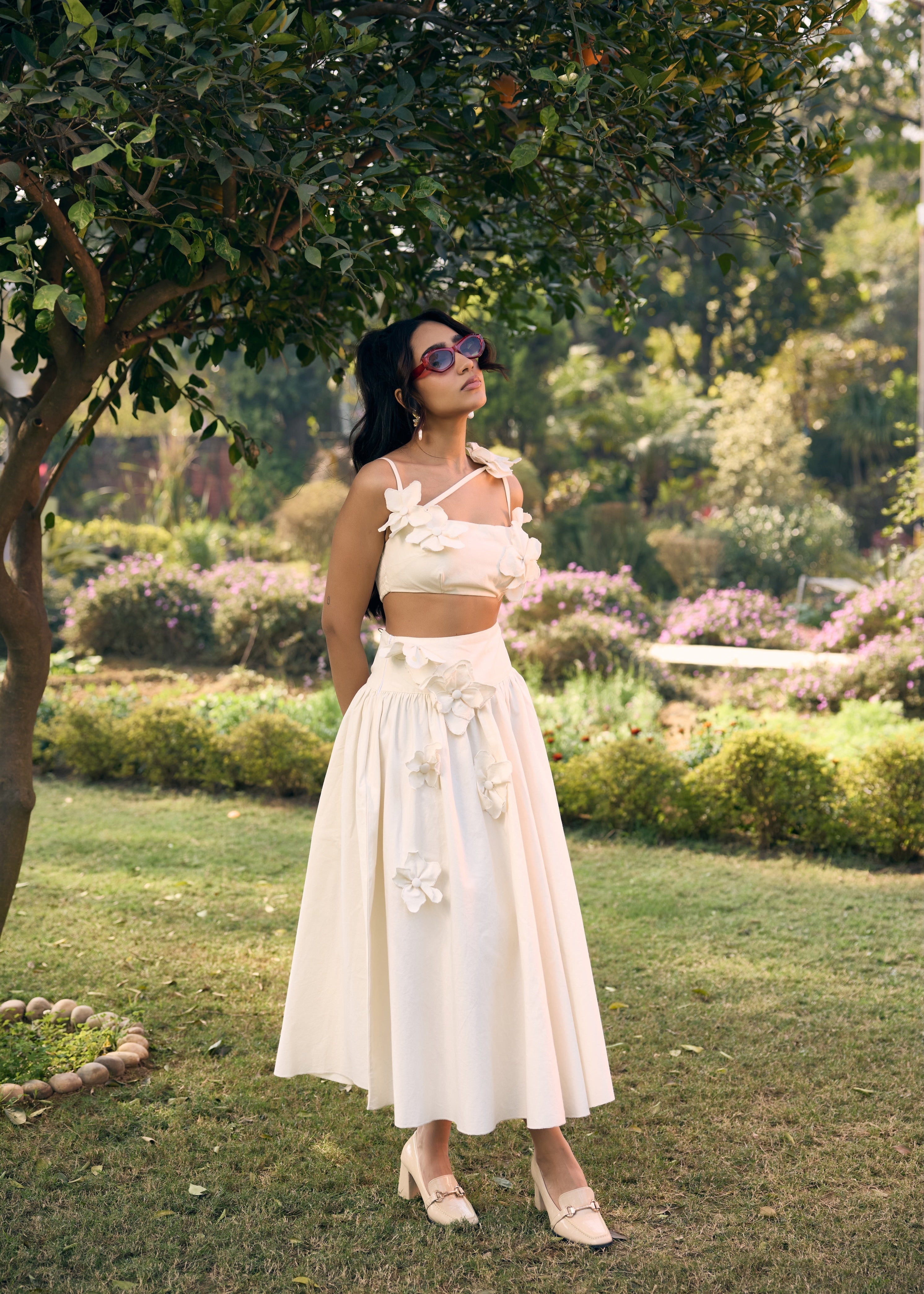 Sharla White 3D Flowers Crop Top