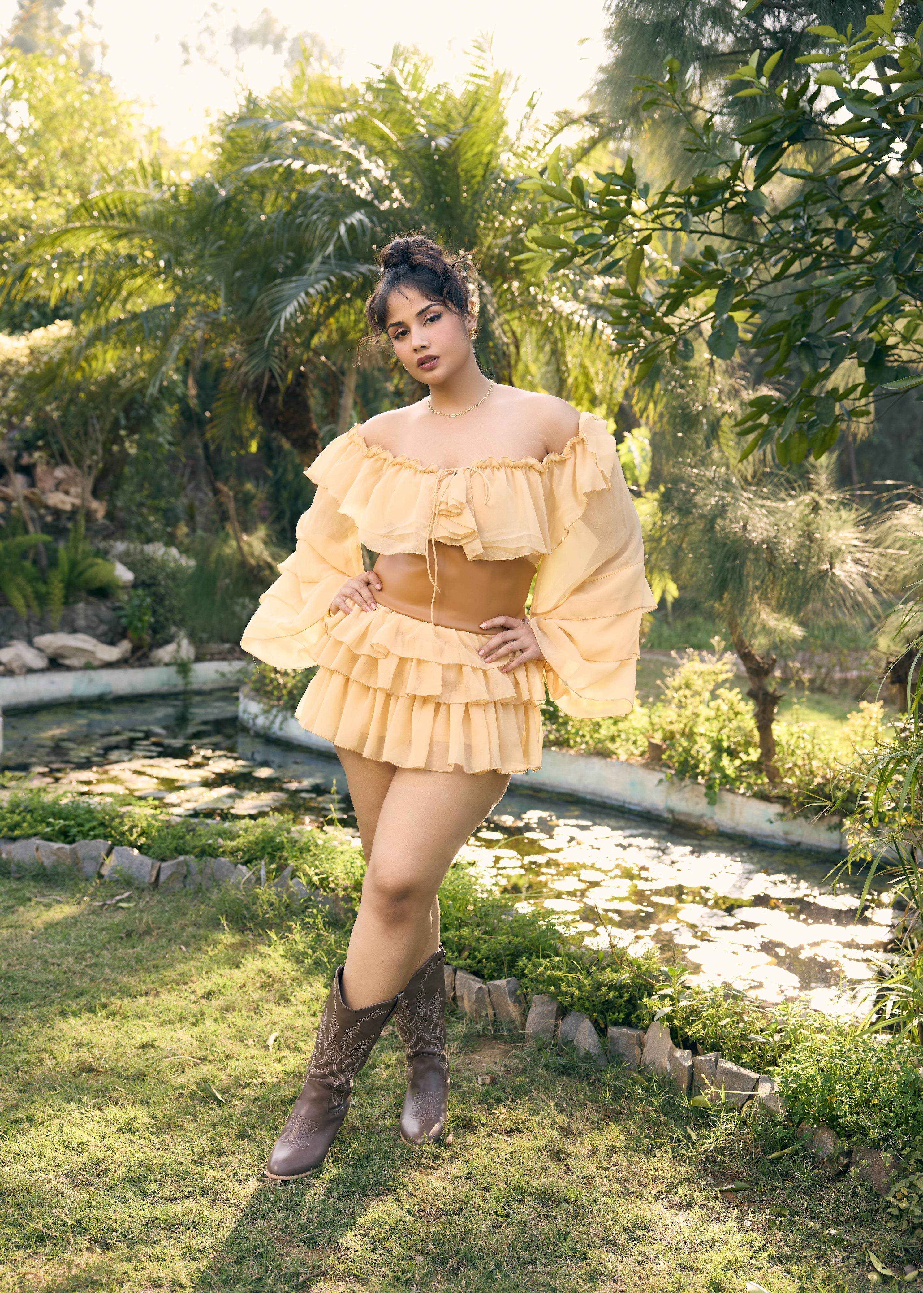 Eileen Tan Frill Top with Leather Belt