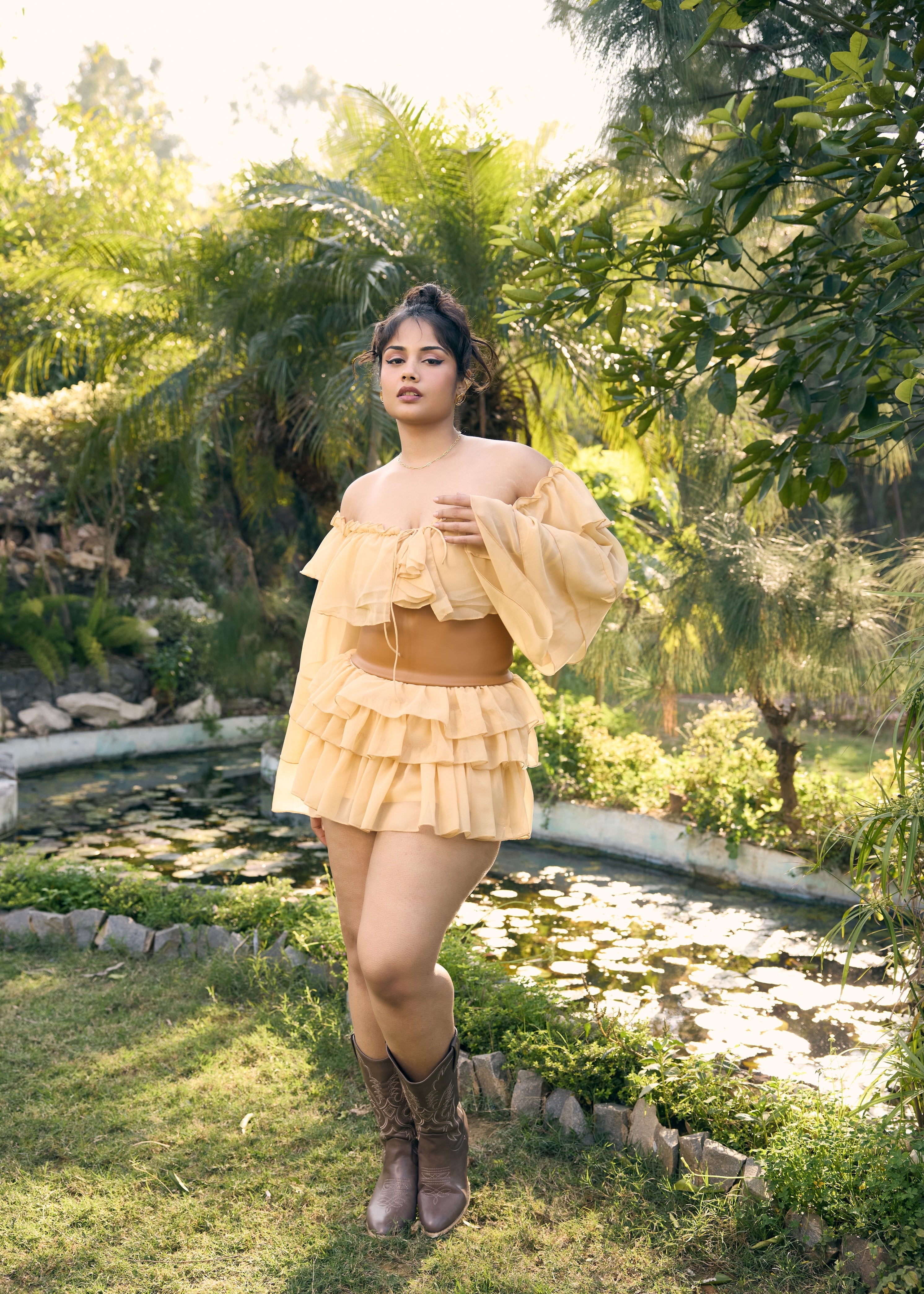 Eileen Tan Frill Top with Leather Belt