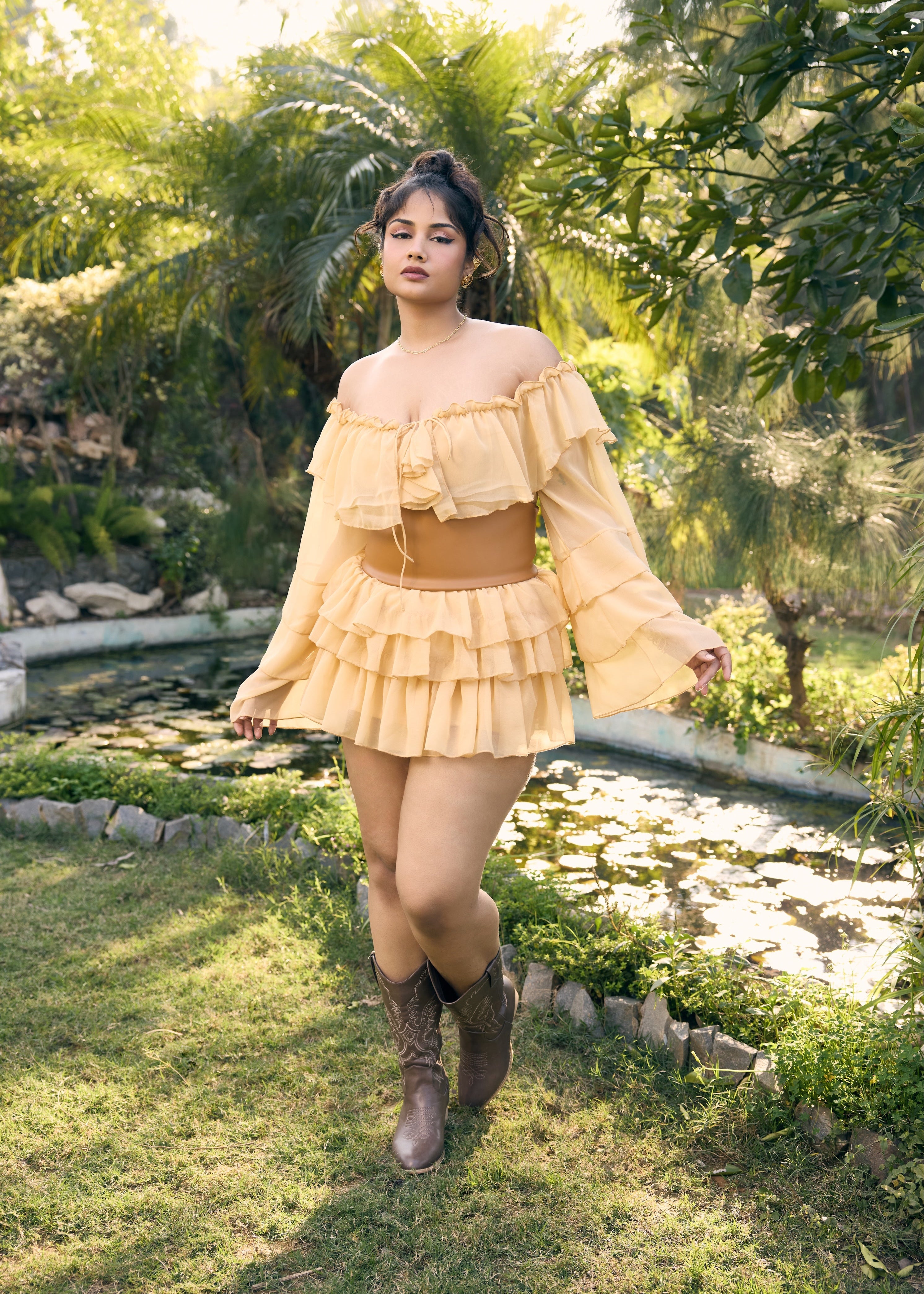 Eileen Tan Frill Top with Leather Belt