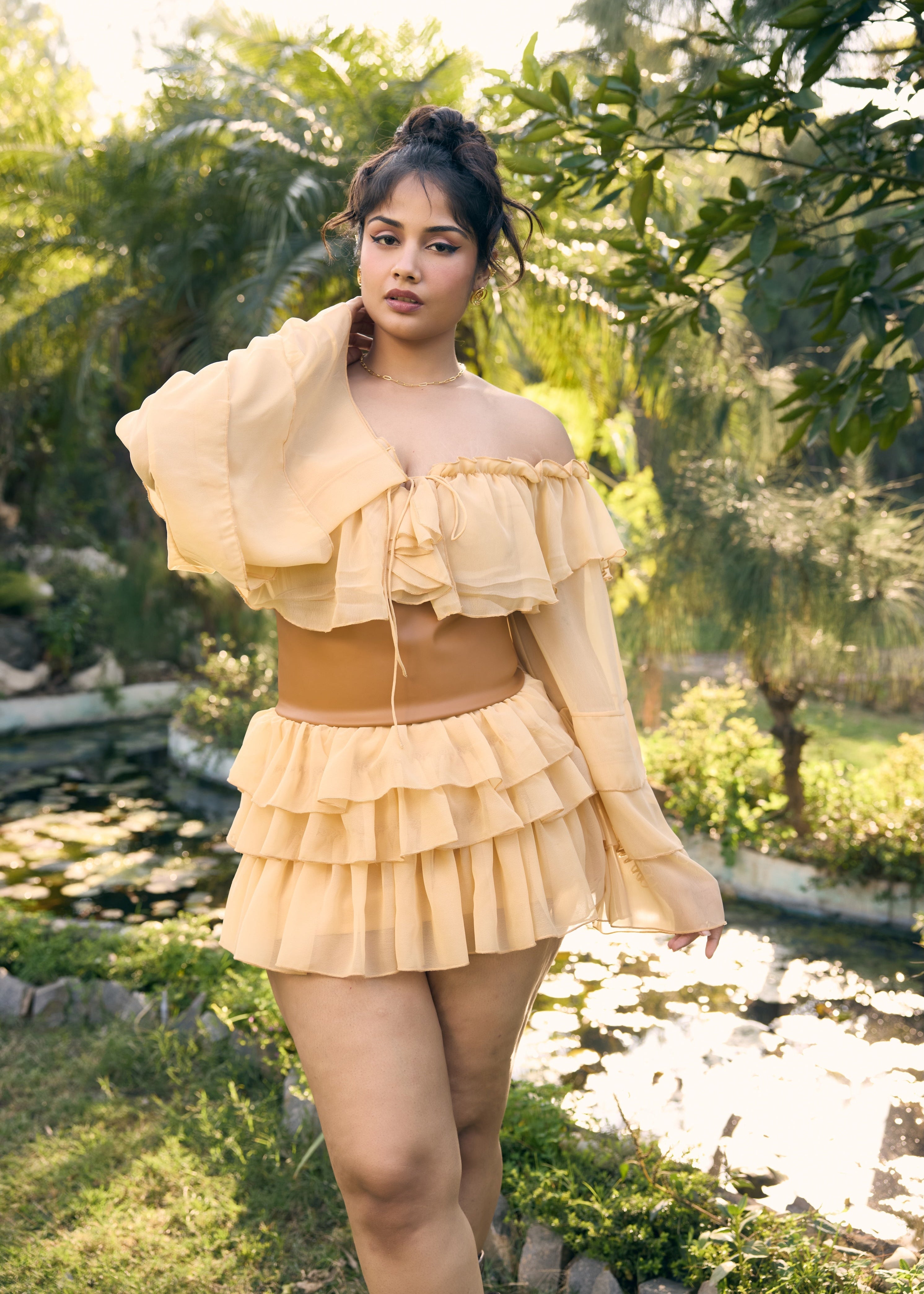 Eileen Tan Frill Top with Leather Belt