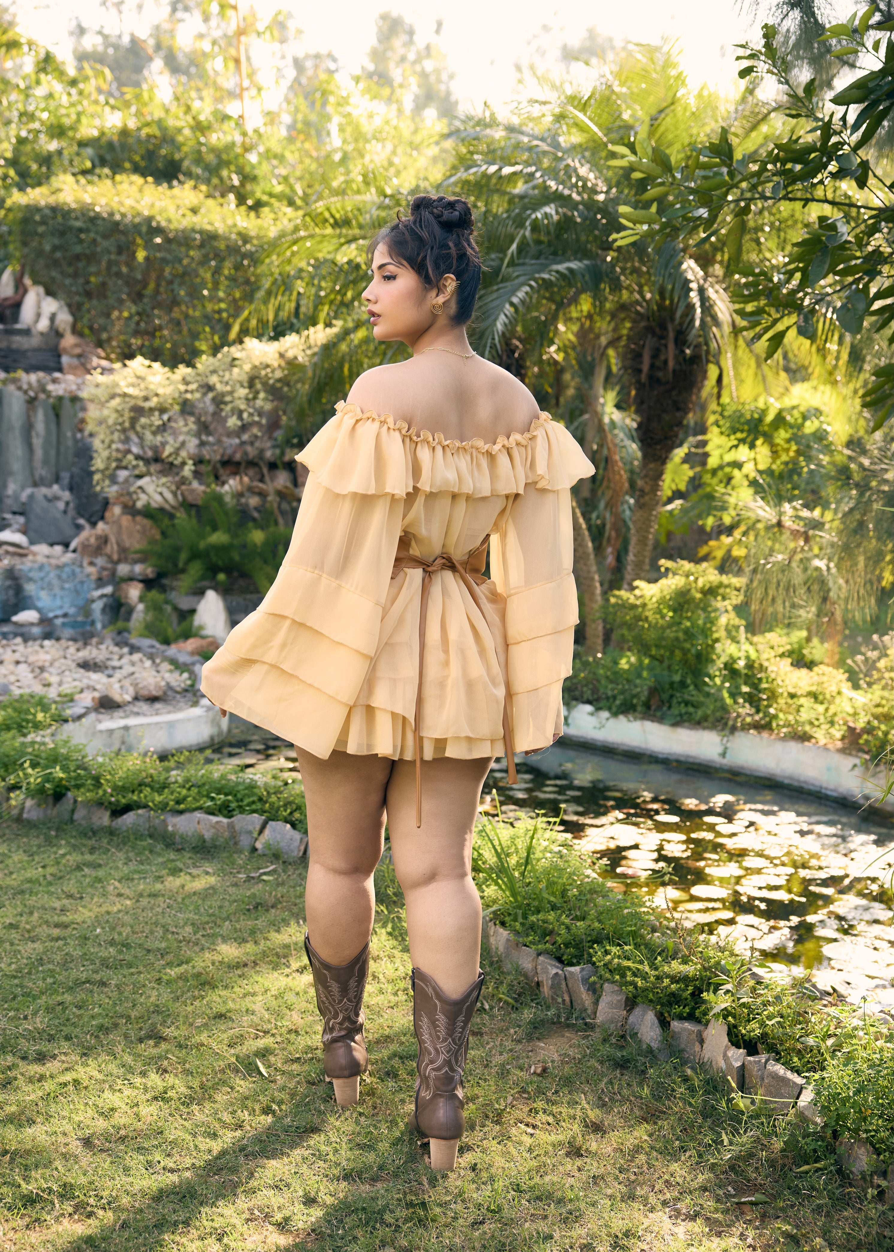 Eileen Tan Frill Top with Leather Belt