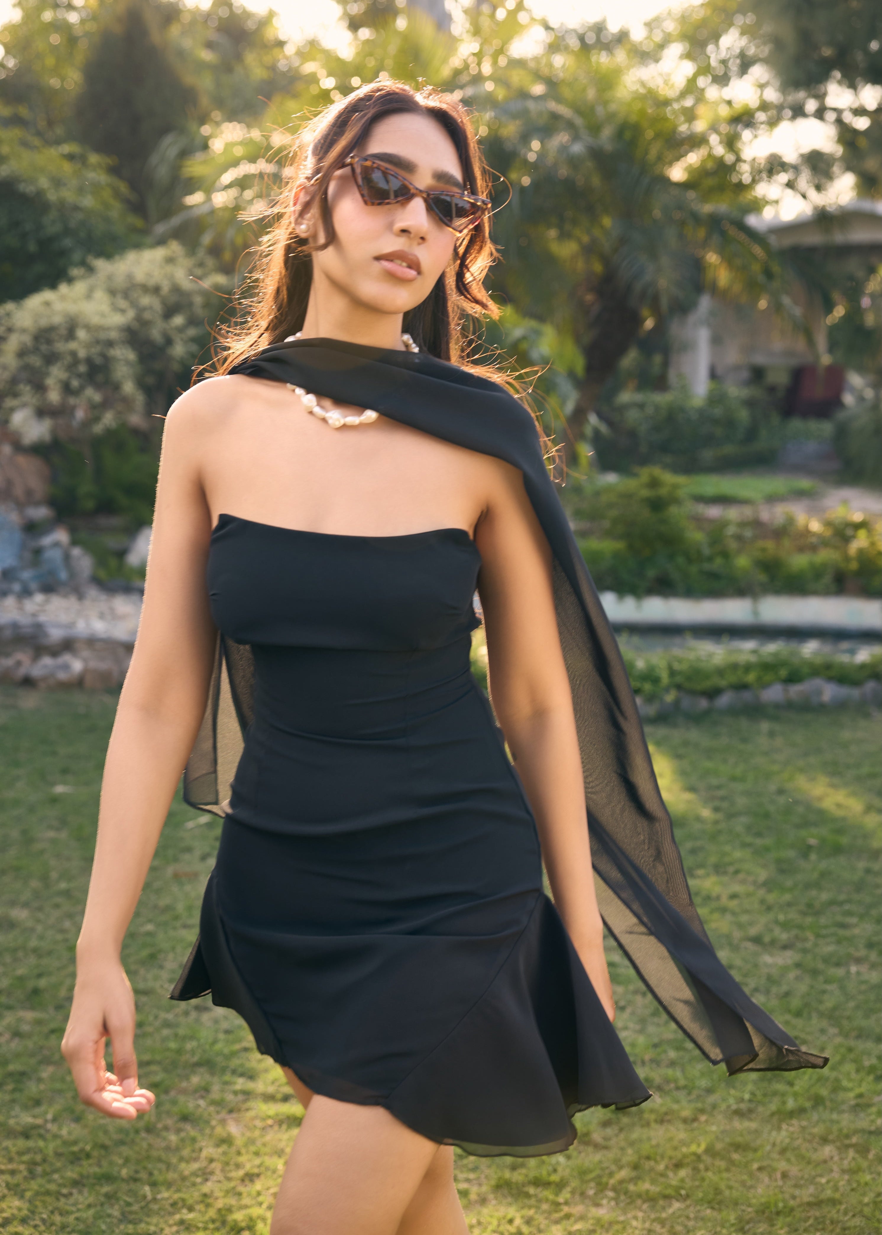 Francine Black Tube Mini Dress with Scarf