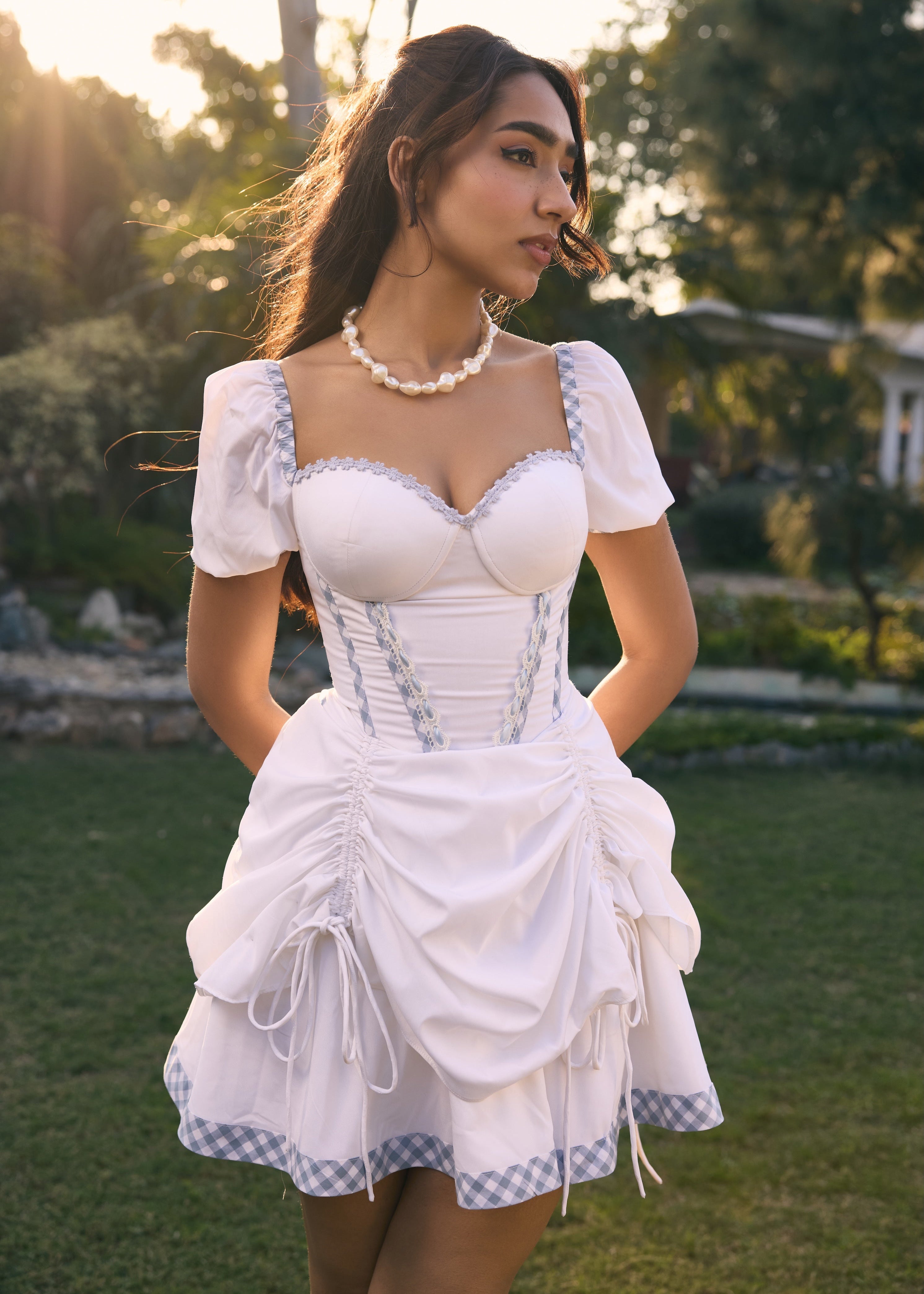 Gertie White and Blue Gingham Corset Mini Dress