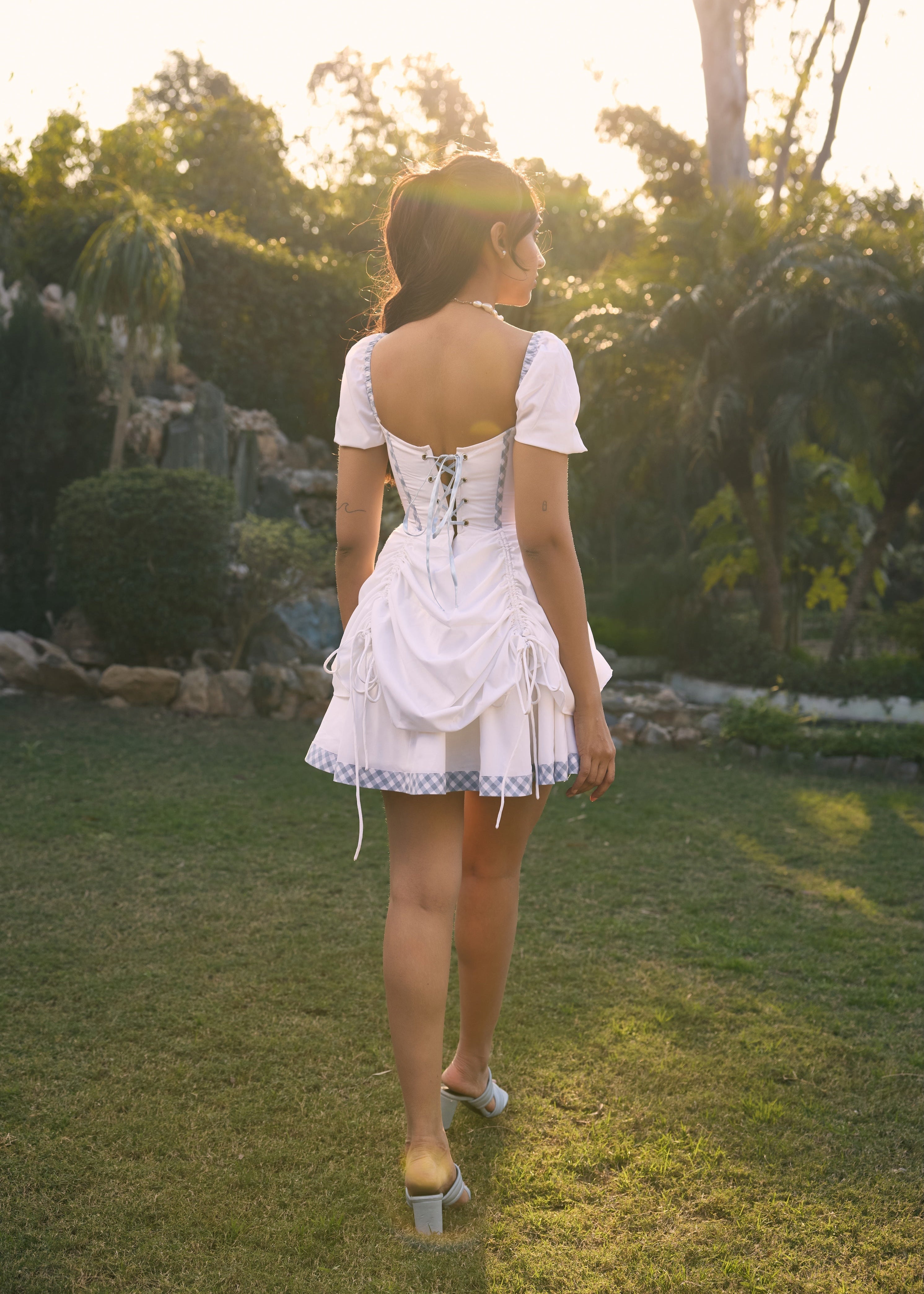 Gertie White and Blue Gingham Corset Mini Dress