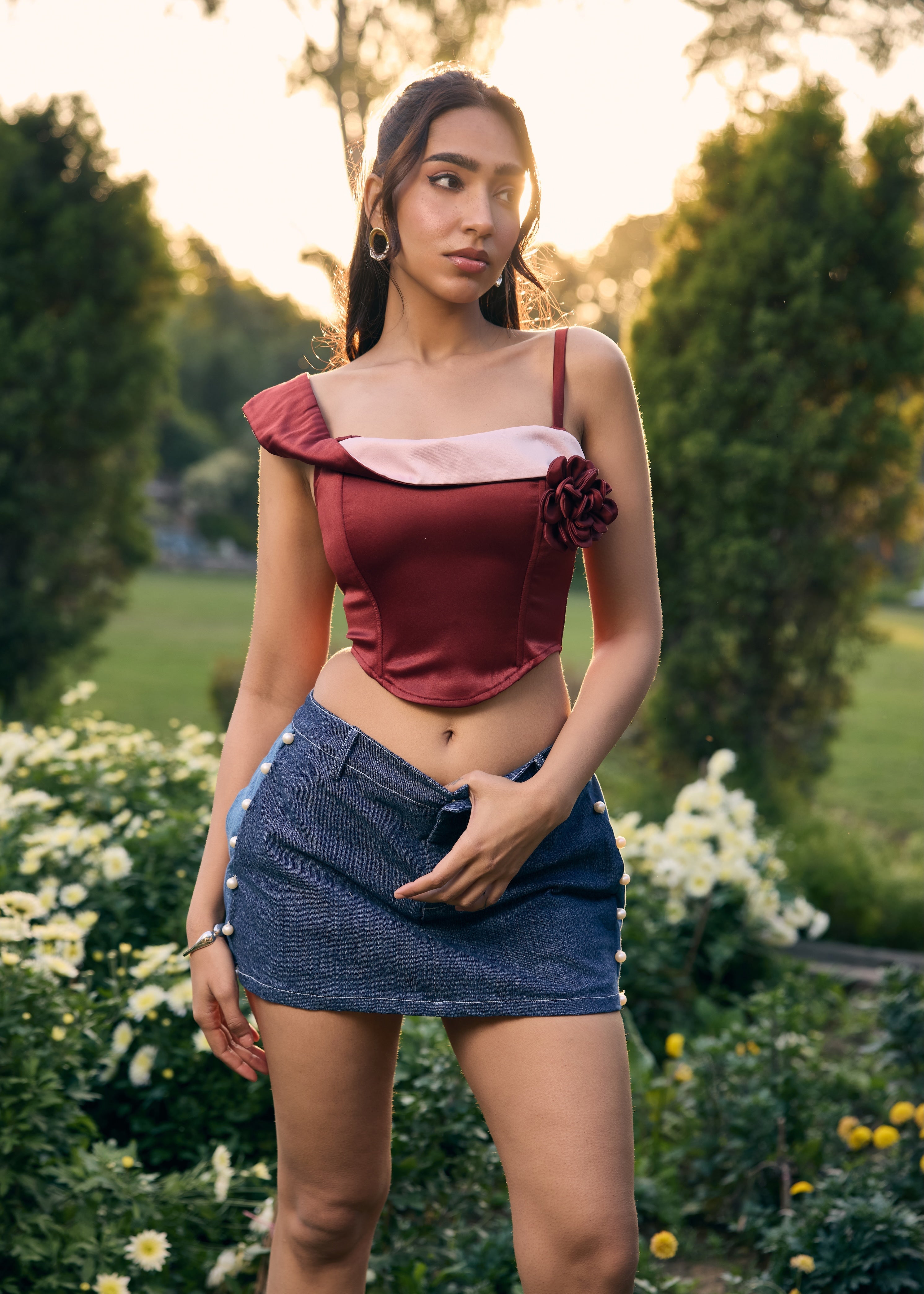 Zelda Red Corset Top with Rose Accent