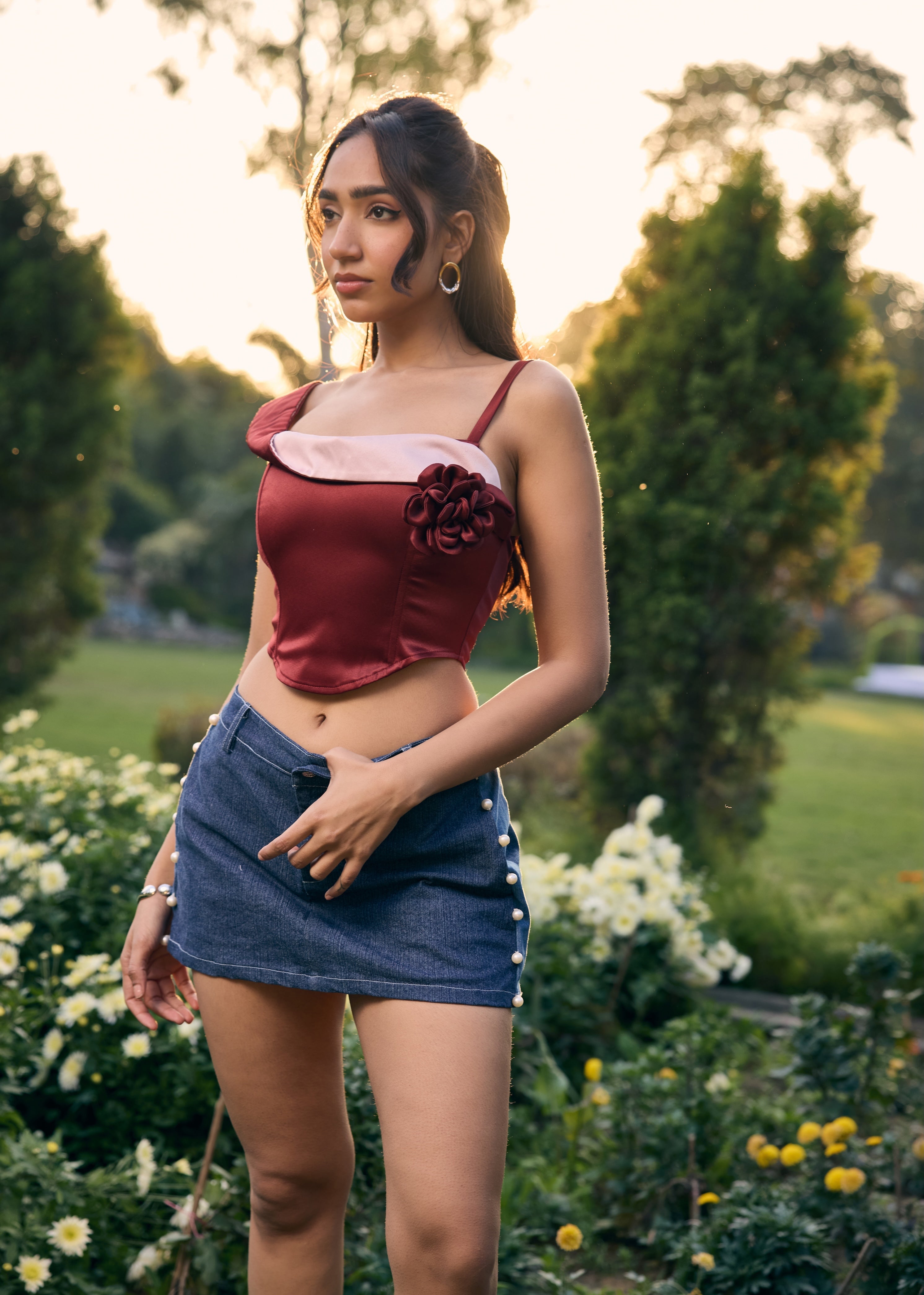 Zelda Red Corset Top with Rose Accent