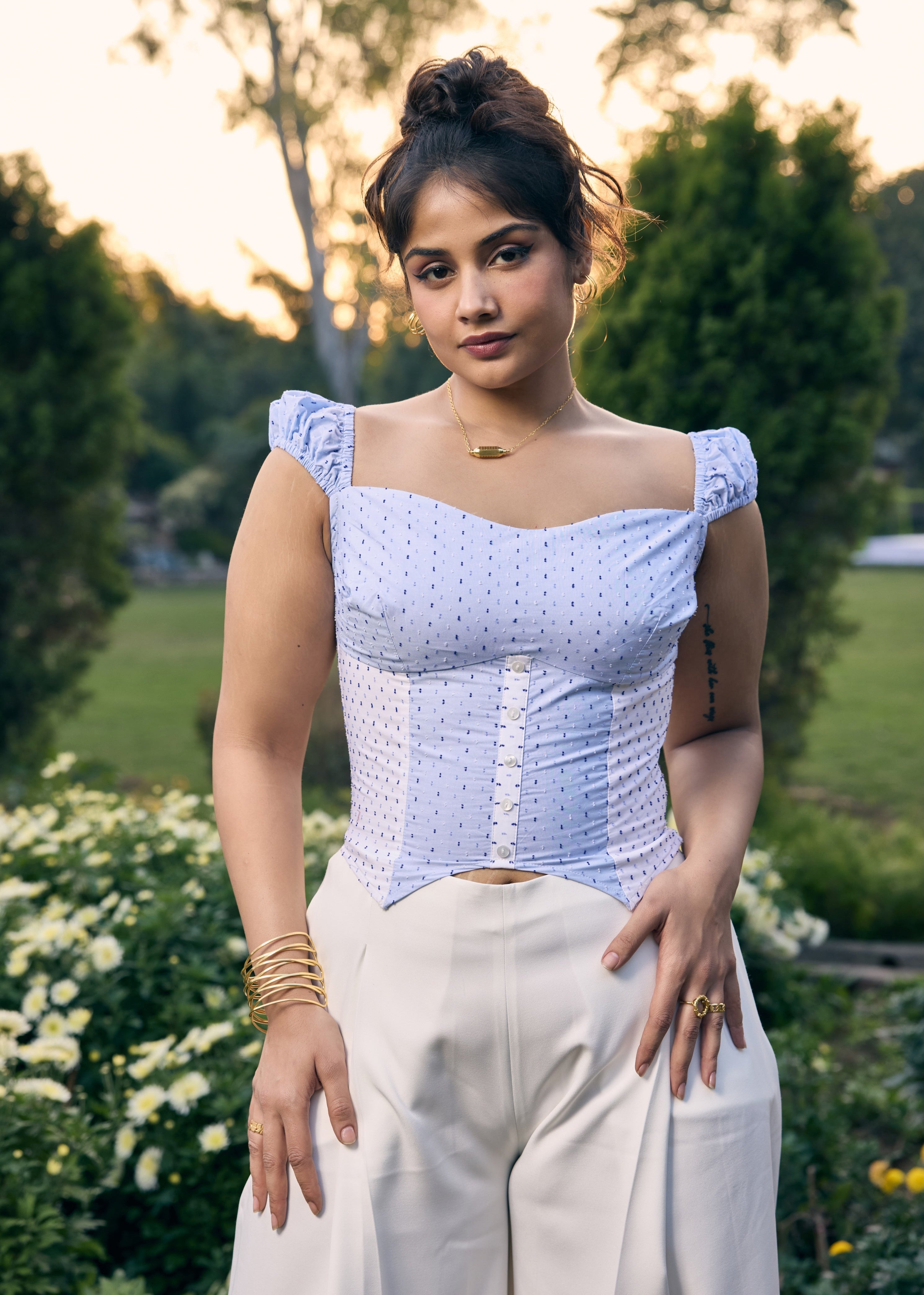 Sherry Blue and White Colorblock Crop Top