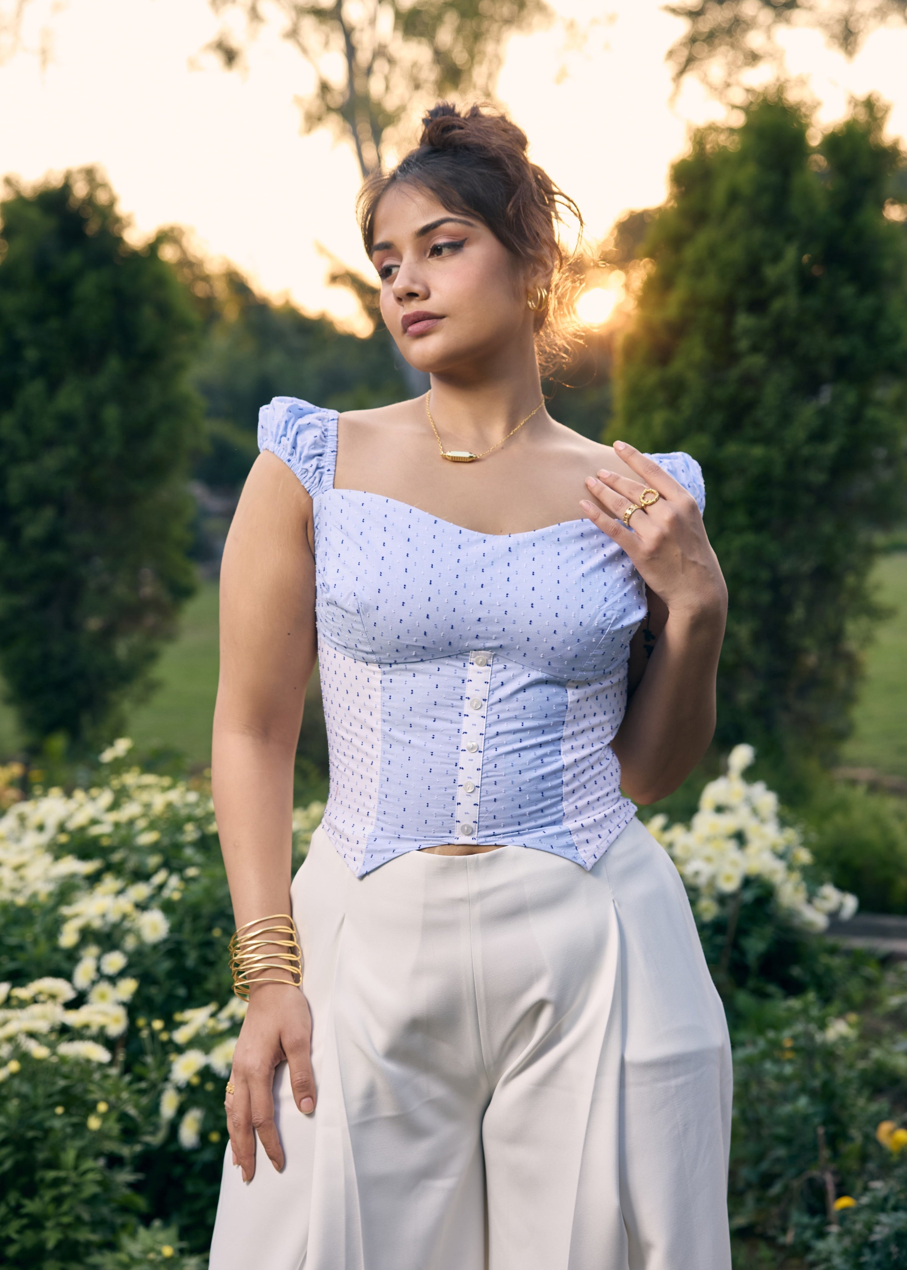 Sherry Blue and White Colorblock Crop Top