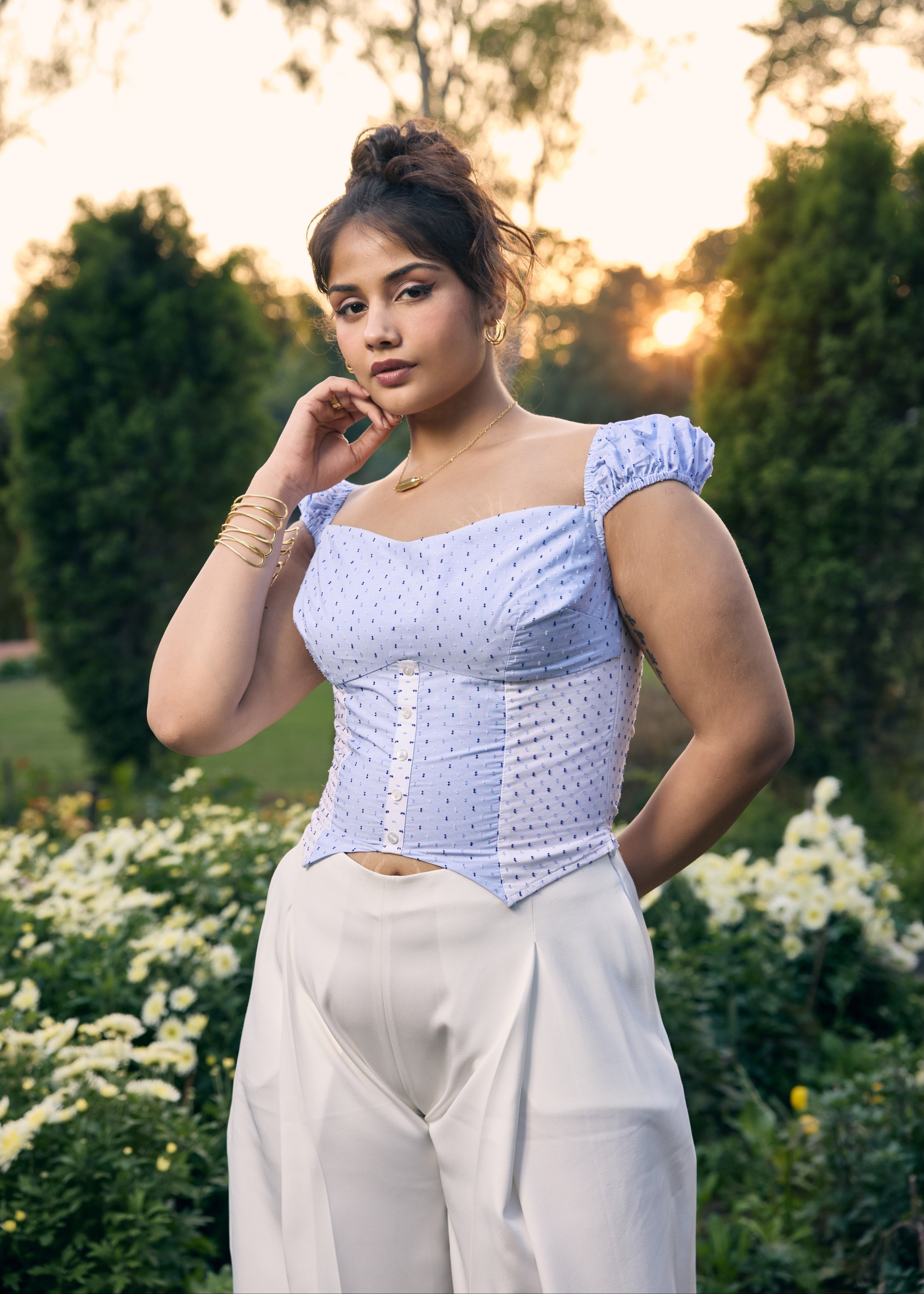 Sherry Blue and White Colorblock Crop Top