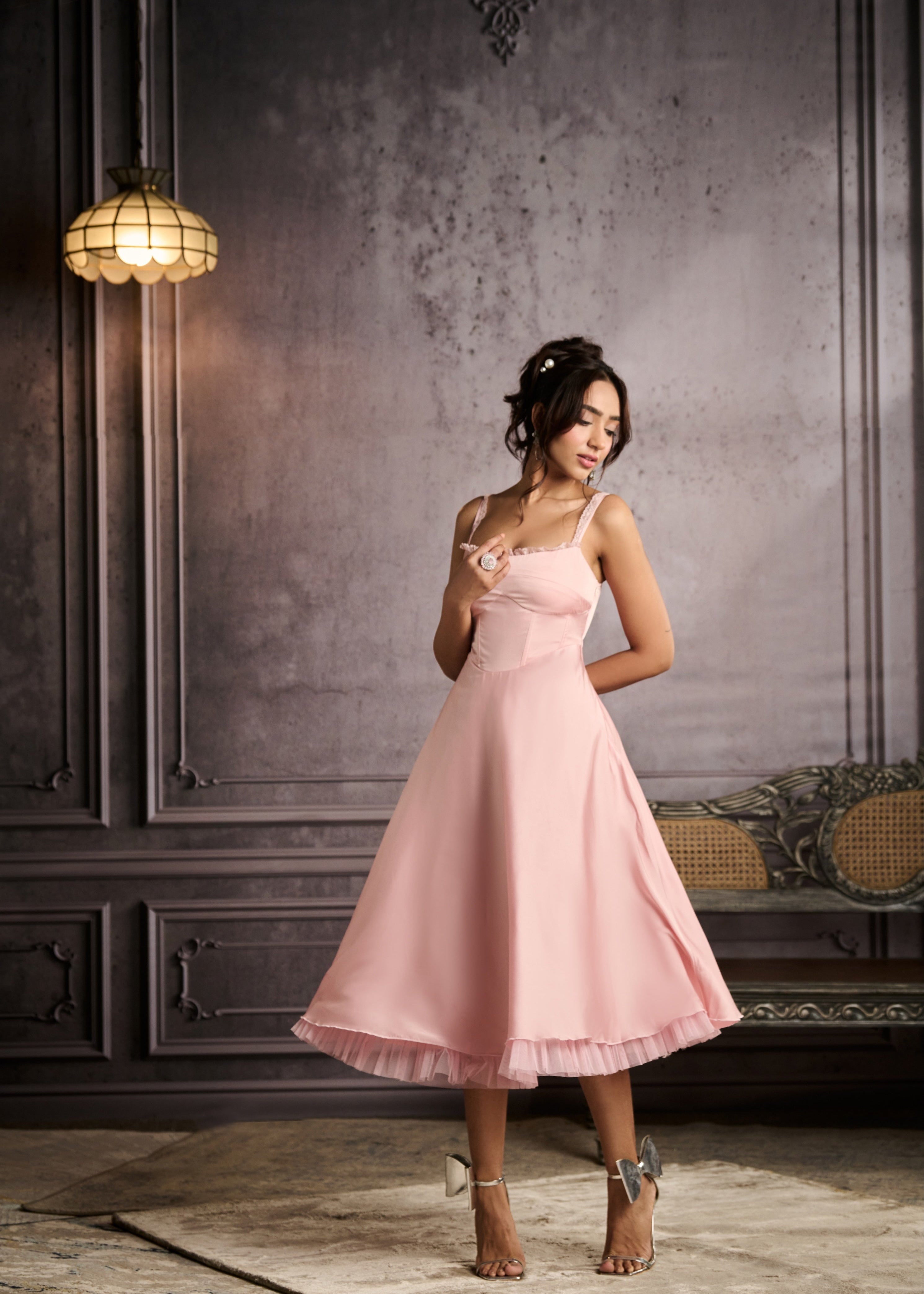 Sybil Baby Pink A-Line Corset Midi Dress