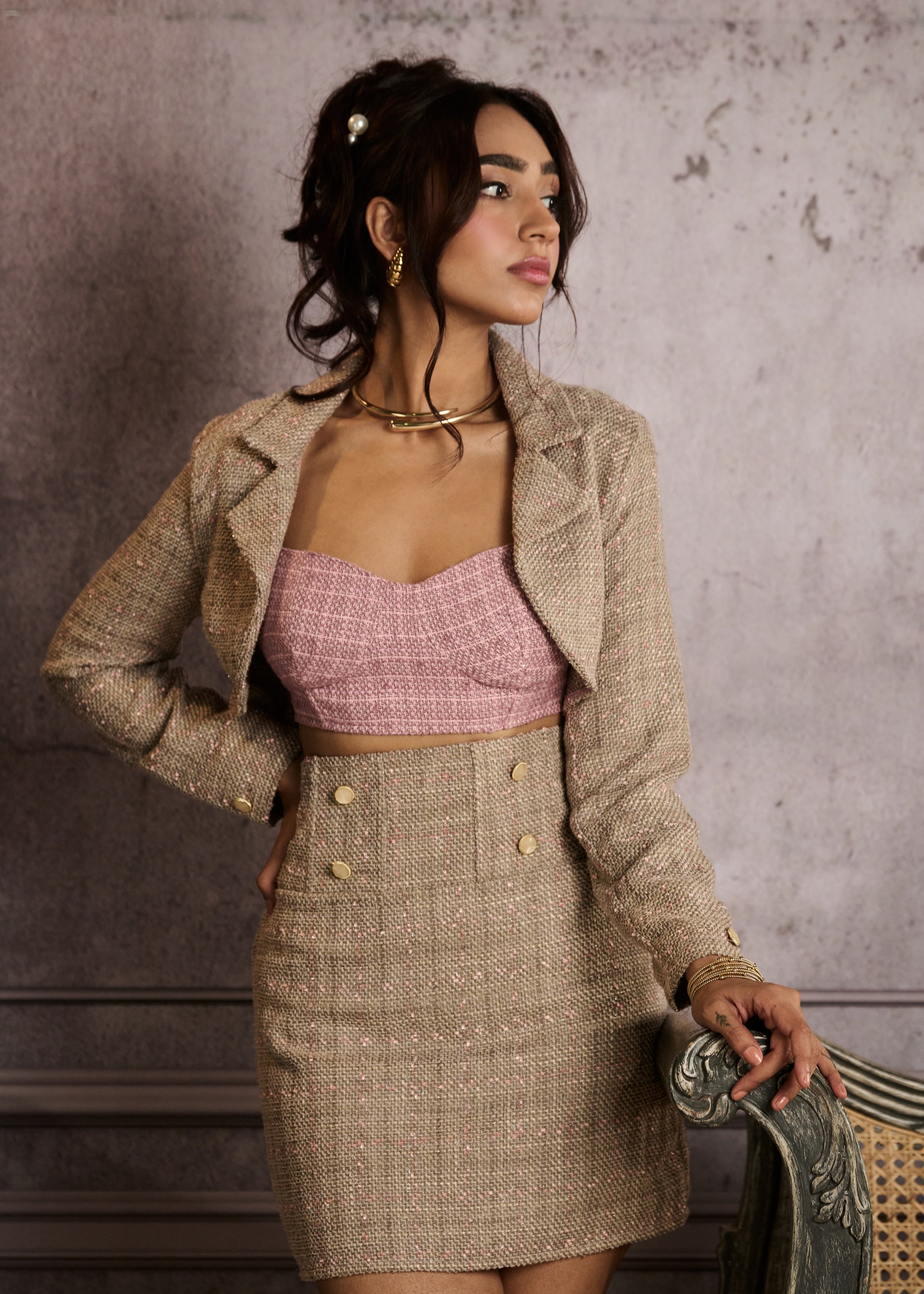 Soraya Mocha Tweed High-Waist Corset Mini Skirt