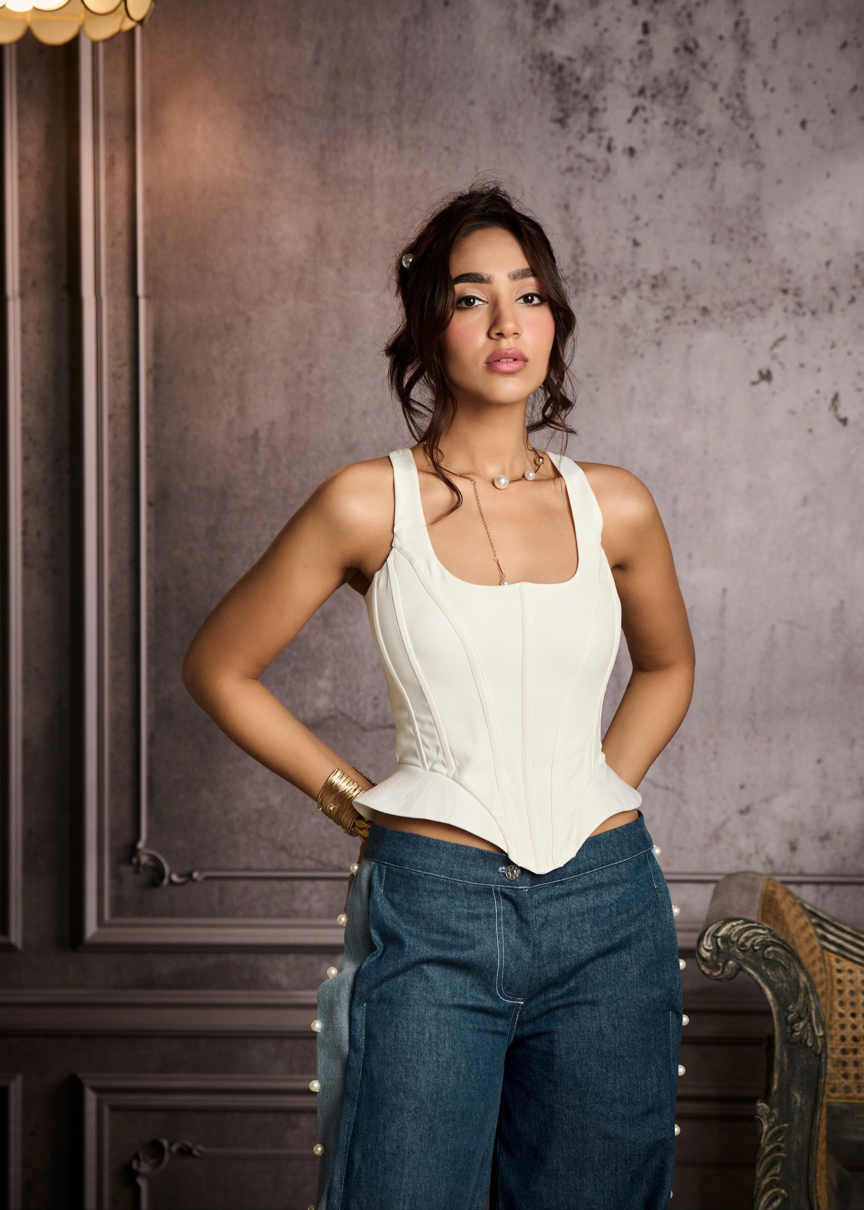 Hela Dual Tone Pearl Embroidered Low-Rise Jeans