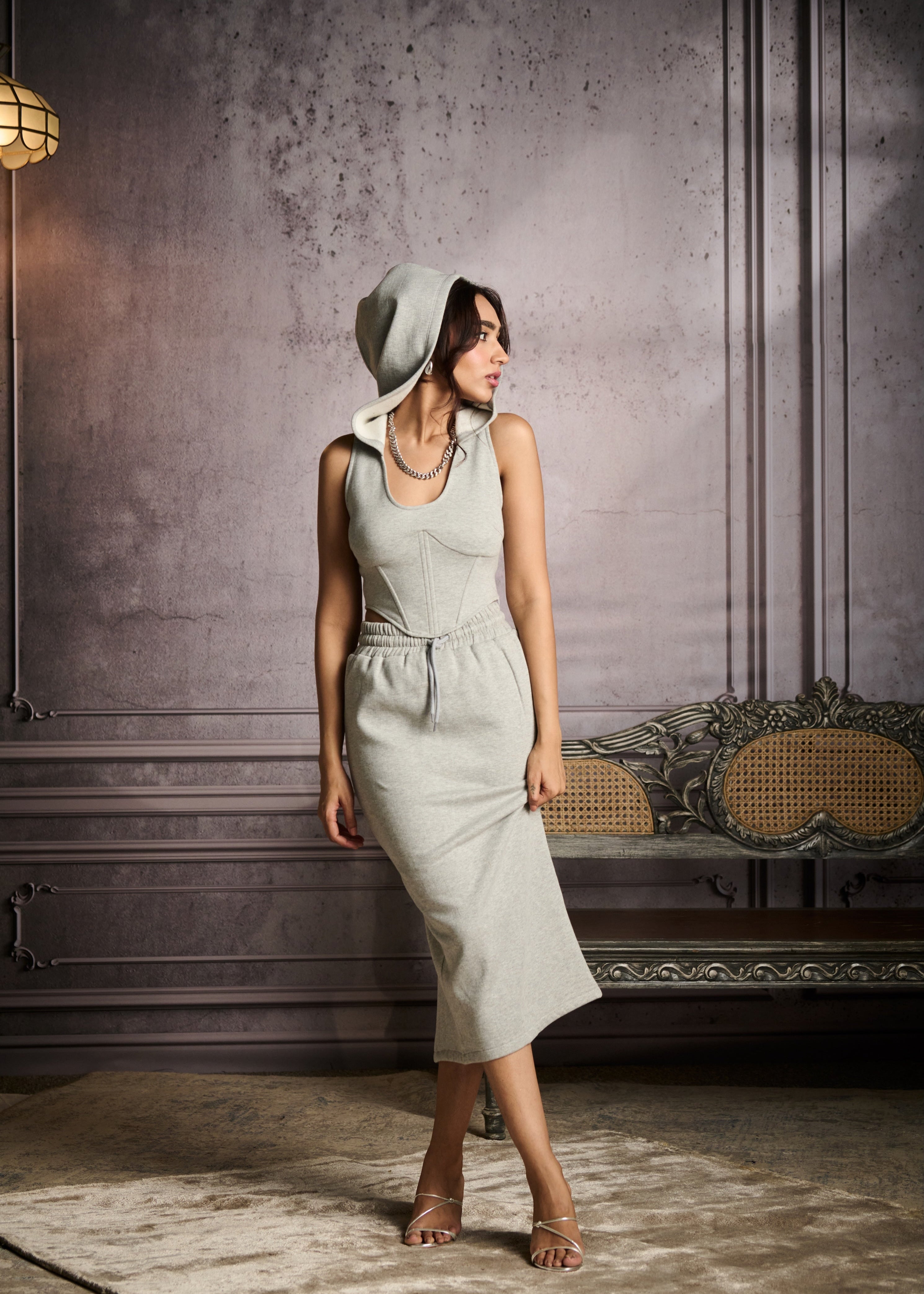 Paula Grey Drawstring Midi Skirt