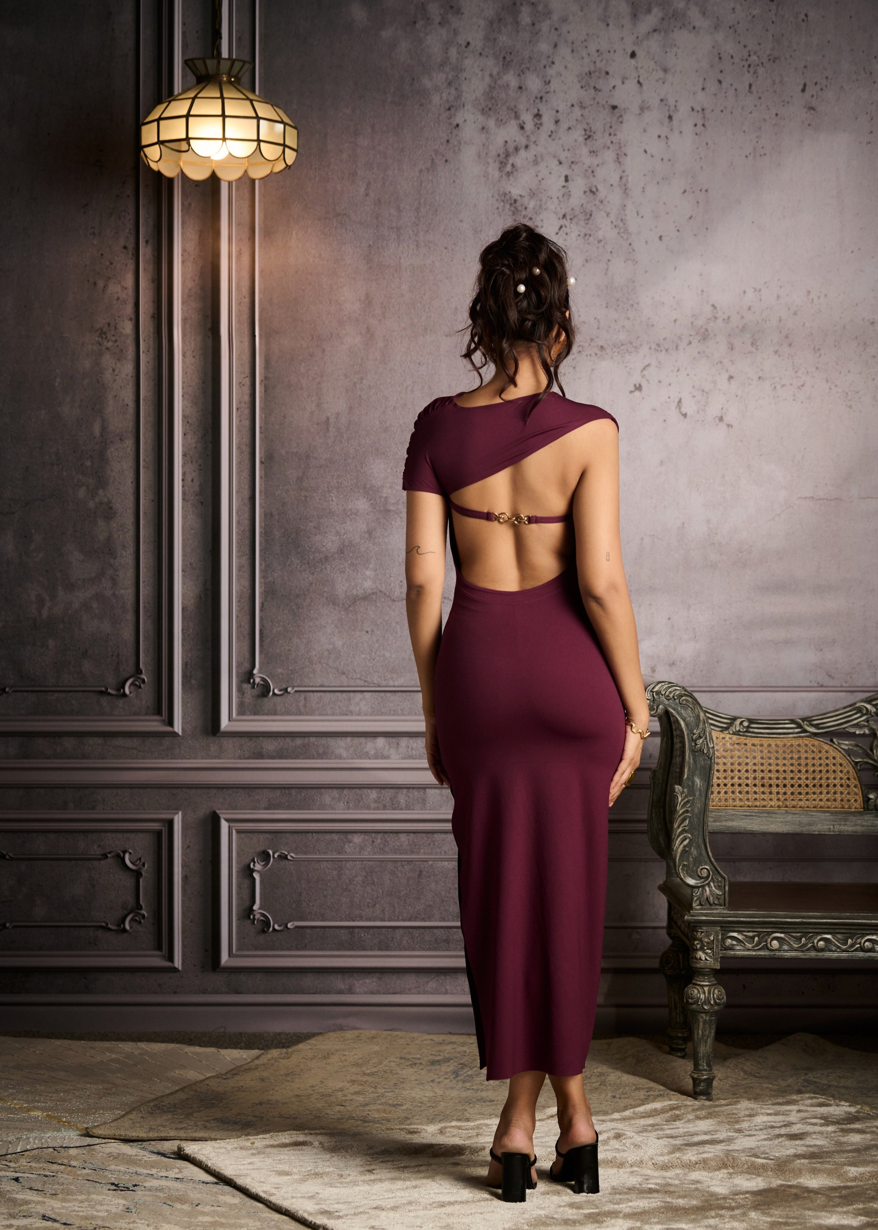 Nicandra Plum Backless Maxi Bodycon Dress