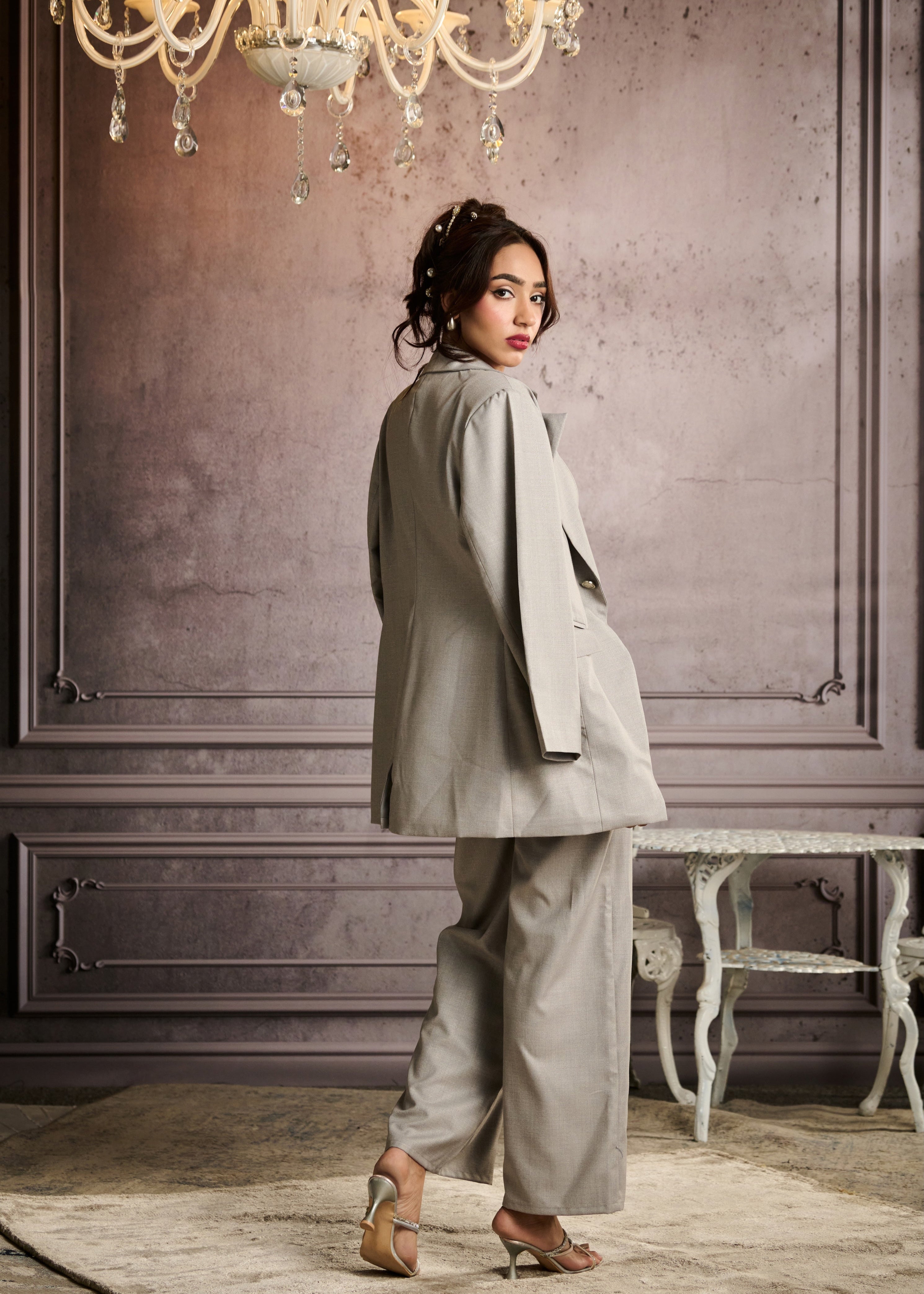 Electra Grey Plaid Tailored Oversized Blazer