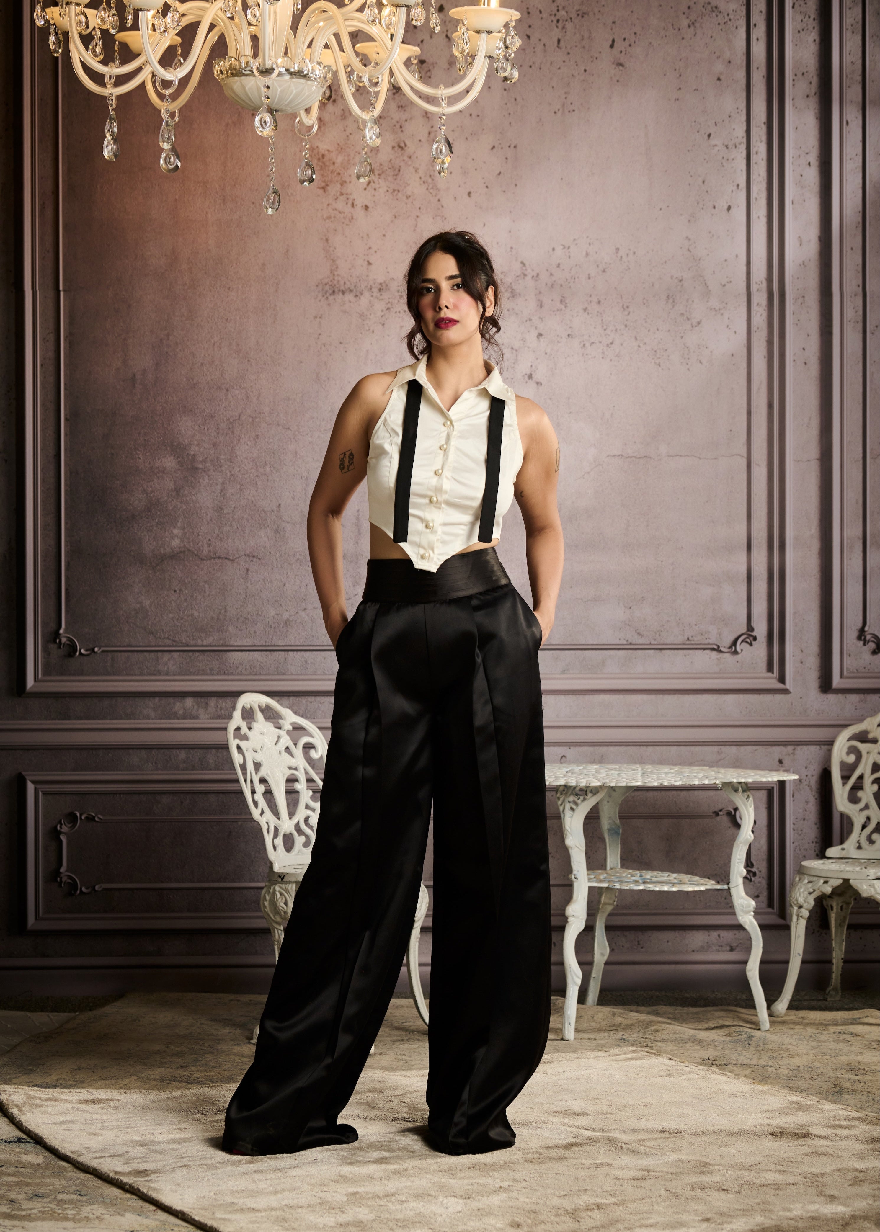 Maddie White Tuxedo Shirt with Open-Tie