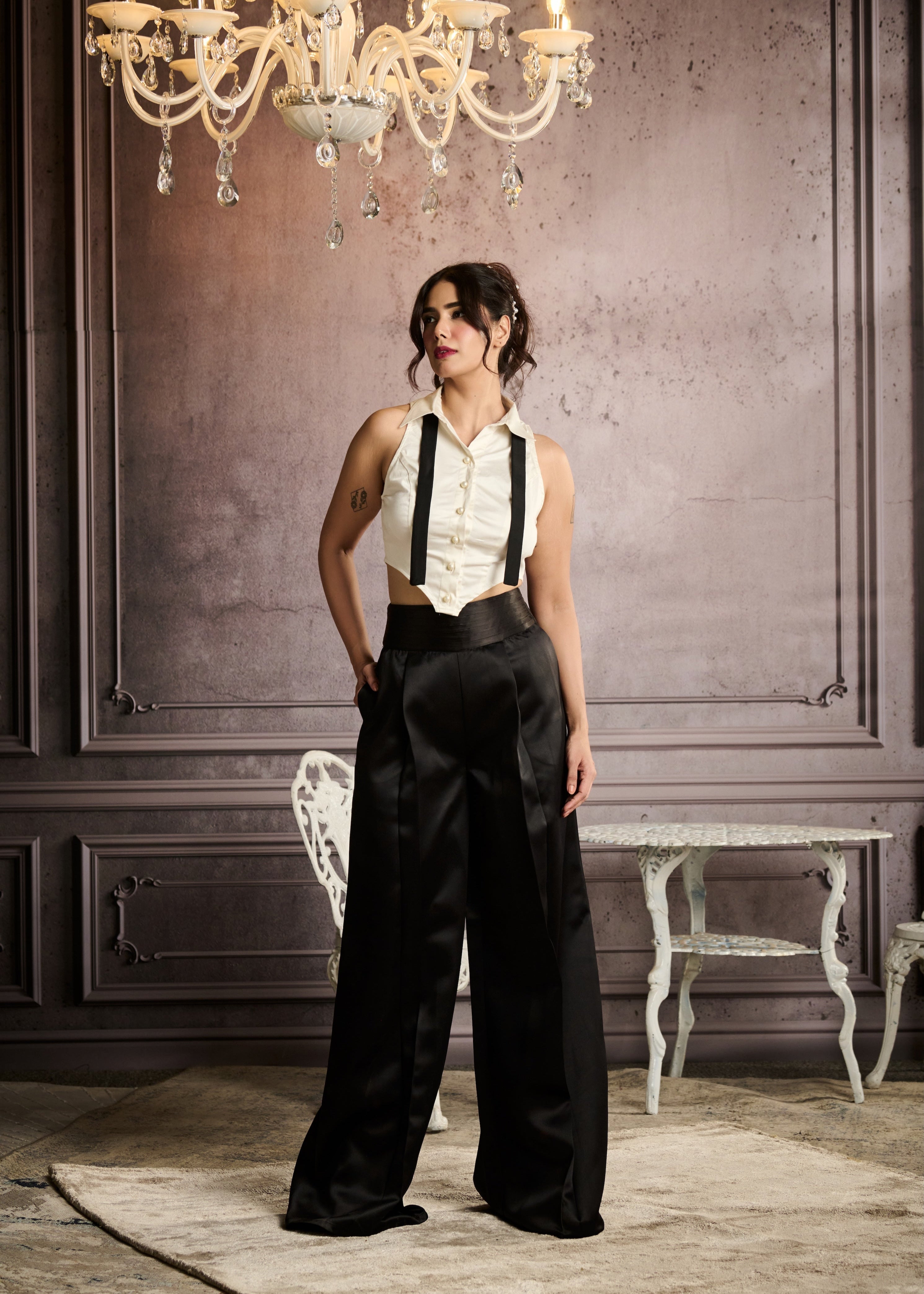 Maddie White Tuxedo Shirt with Open-Tie