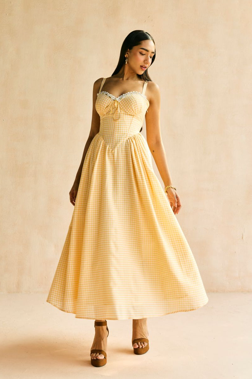 Alaya Butter Yellow Gingham Midi Corset Dress
