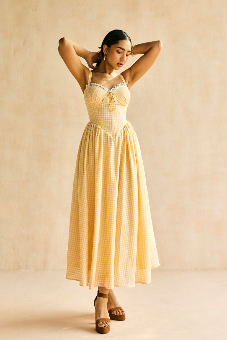 Alaya Butter Yellow Gingham Midi Corset Dress