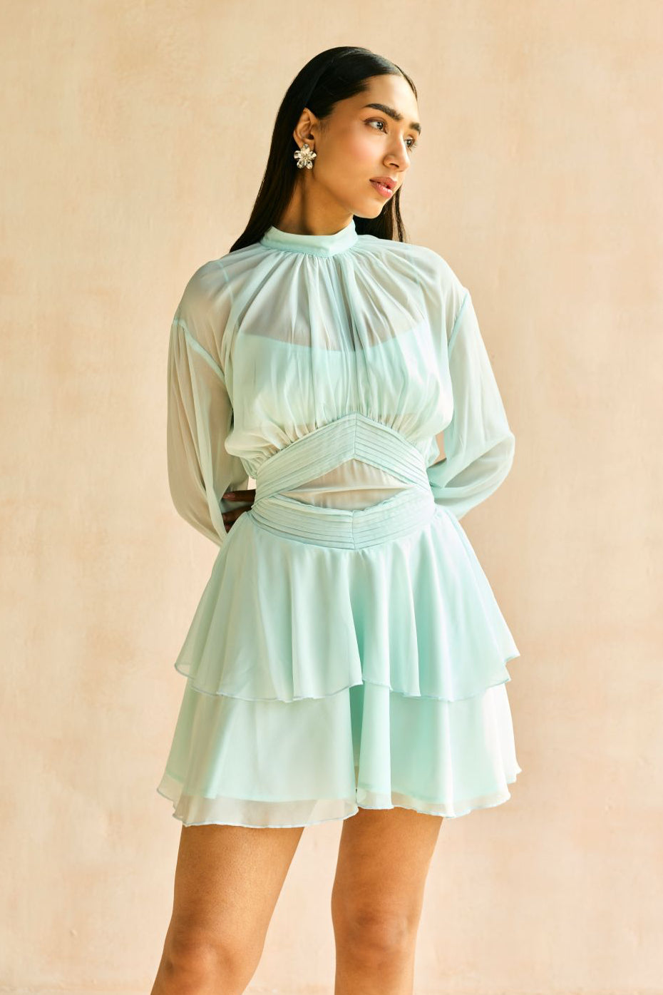 Misty Blue Tiered Ruffled Mini Dress