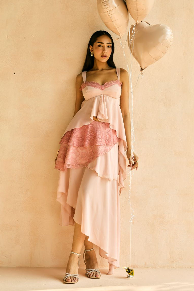 Blush Lace-Layered Asymmetrical Skirt