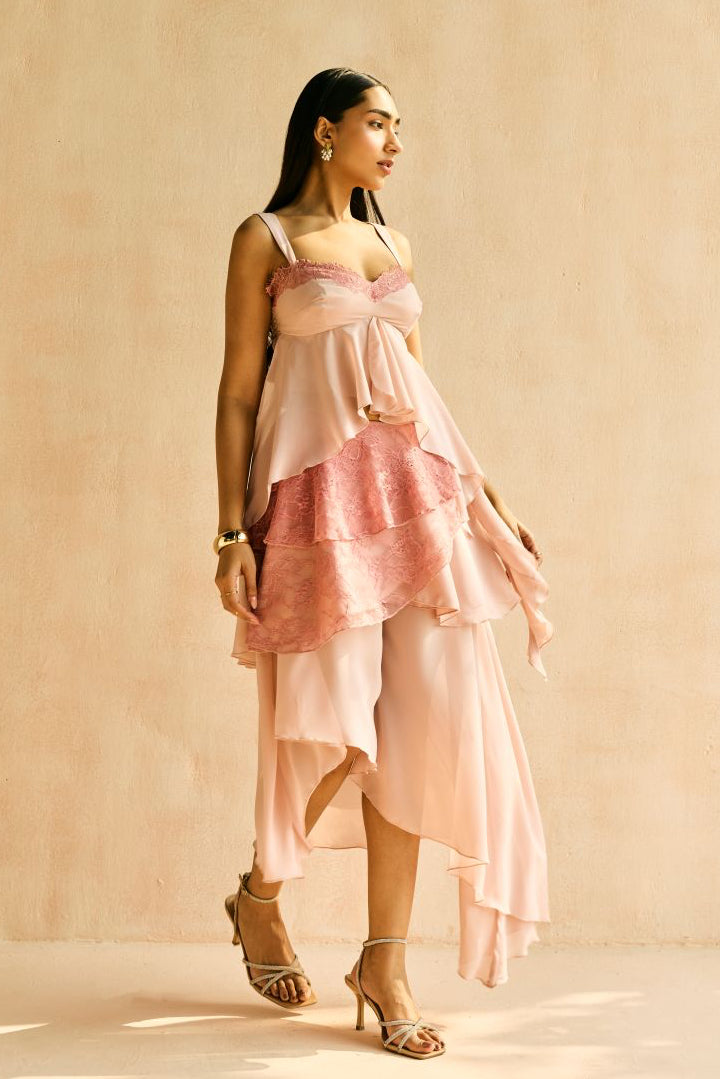 Blush Lace-Layered Asymmetrical Skirt