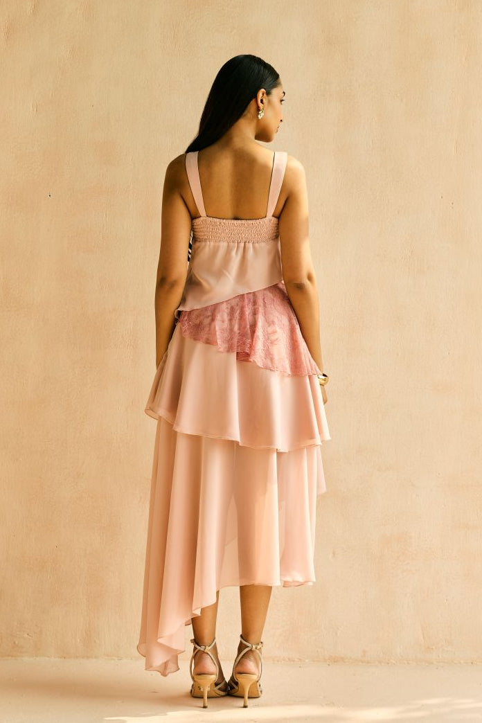 Blush Lace-Layered Asymmetrical Skirt